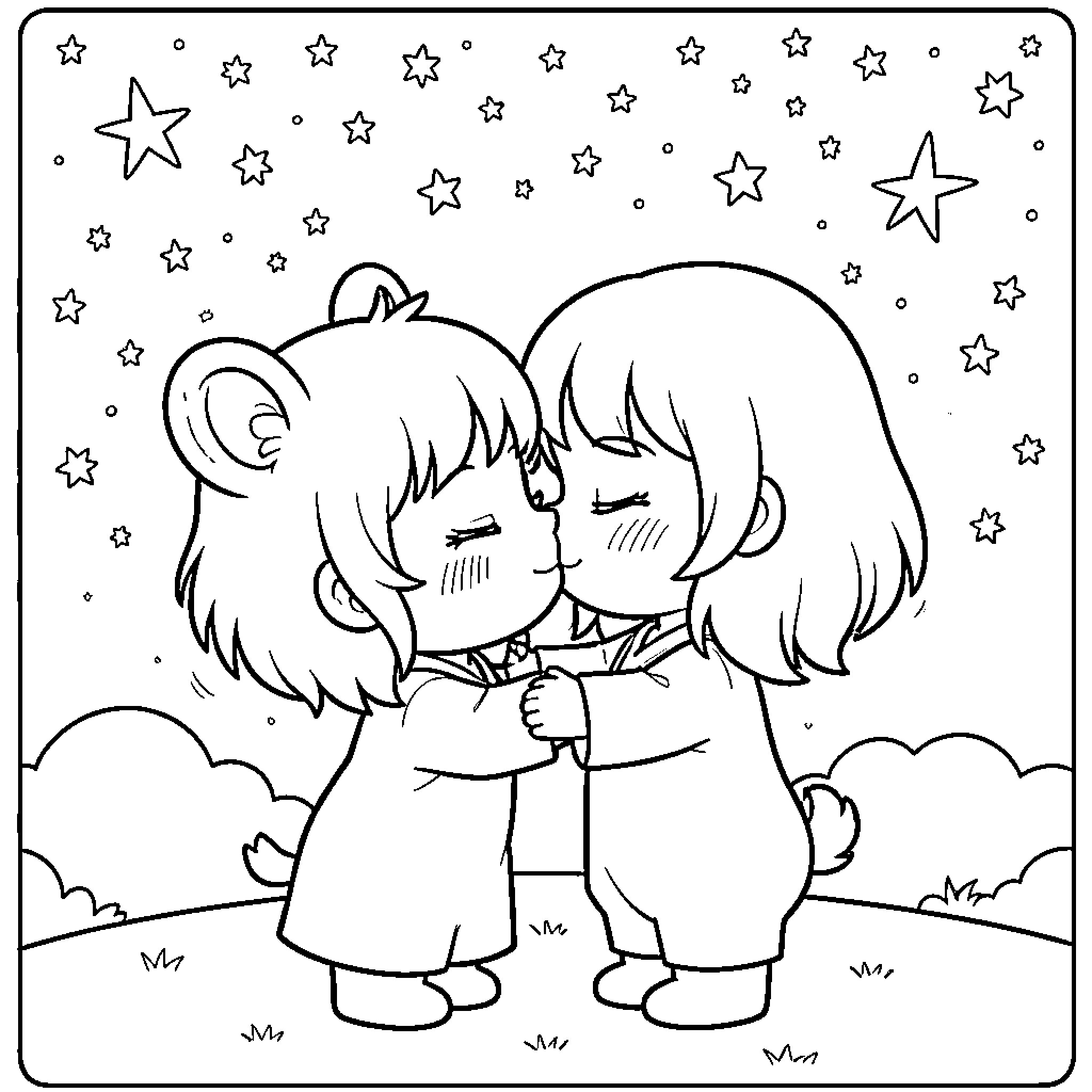 Jinji's Starry Night Romance Coloring Page (free black-and-white line drawing printable PDF for all, from beginners to advanced learners, including children, teens, adults, and seniors)