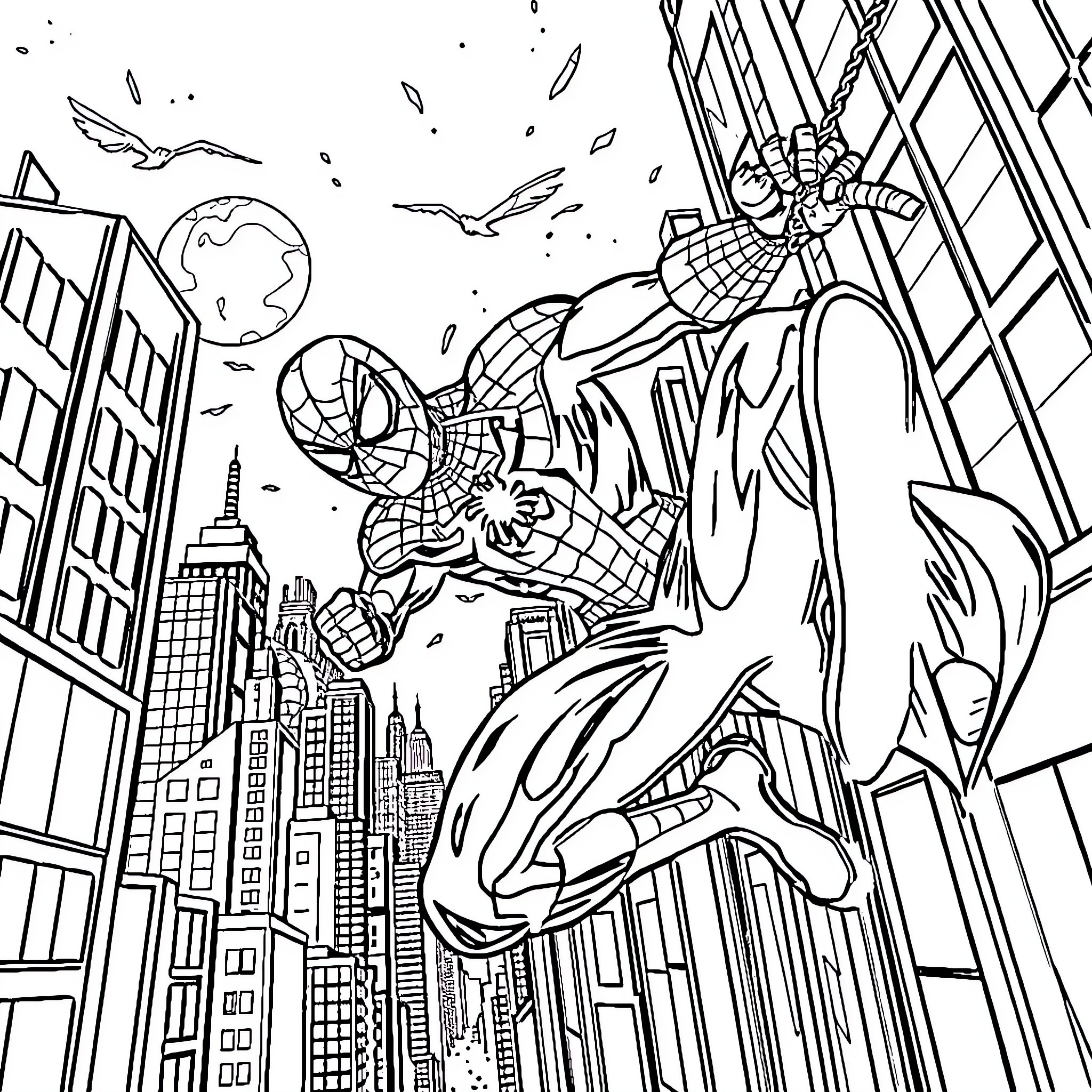 Spiderman swinging through the city at night Coloring Page (free black-and-white line drawing printable PDF for all, from beginners to advanced learners, including children, teens, adults, and seniors)