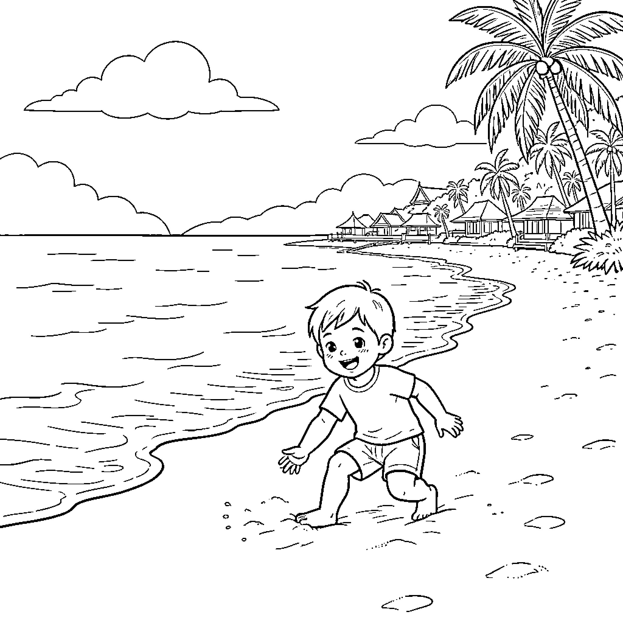 Child playing happily on a sunny beach Coloring Page (free black-and-white line drawing printable PDF for all, from beginners to advanced learners, including children, teens, adults, and seniors)