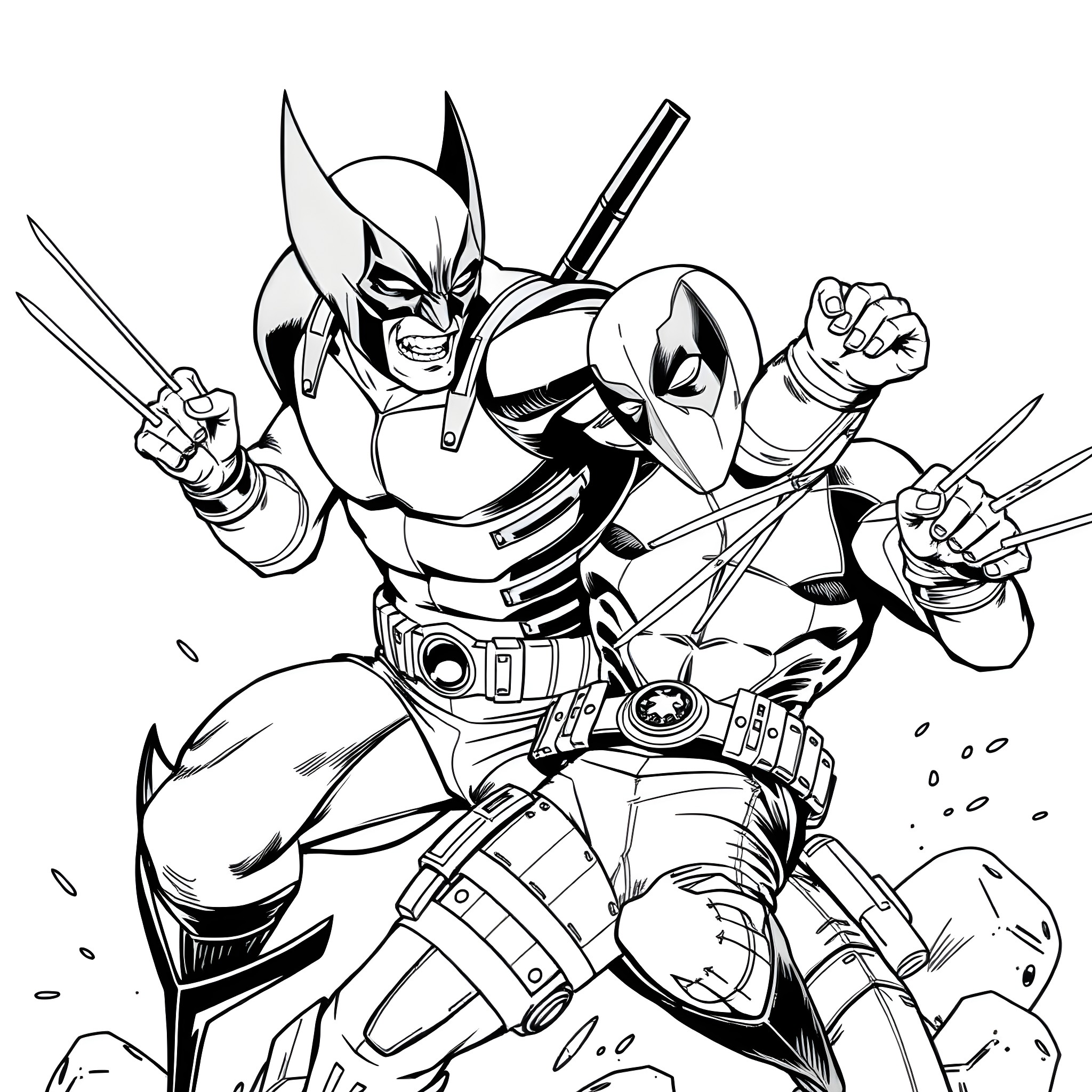 Wolverine in action-packed battle stance Coloring Page (free black-and-white line drawing printable PDF for all, from beginners to advanced learners, including children, teens, adults, and seniors)