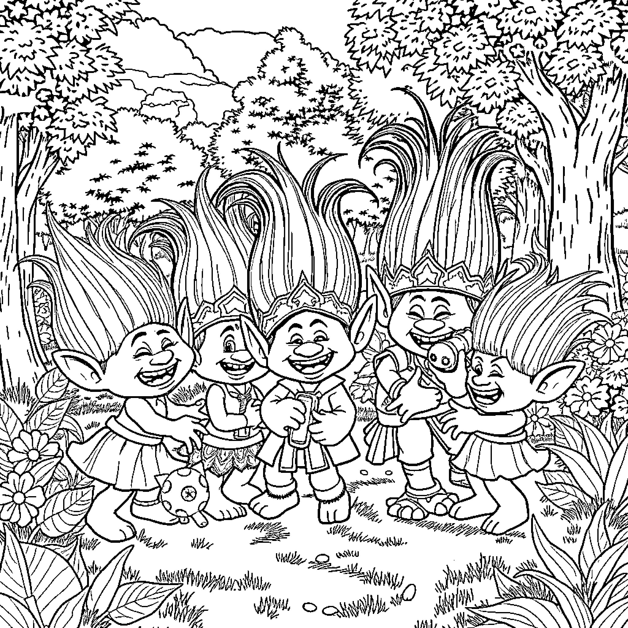 Troll family having a forest party Coloring Page (free black-and-white line drawing printable PDF for all, from beginners to advanced learners, including children, teens, adults, and seniors)