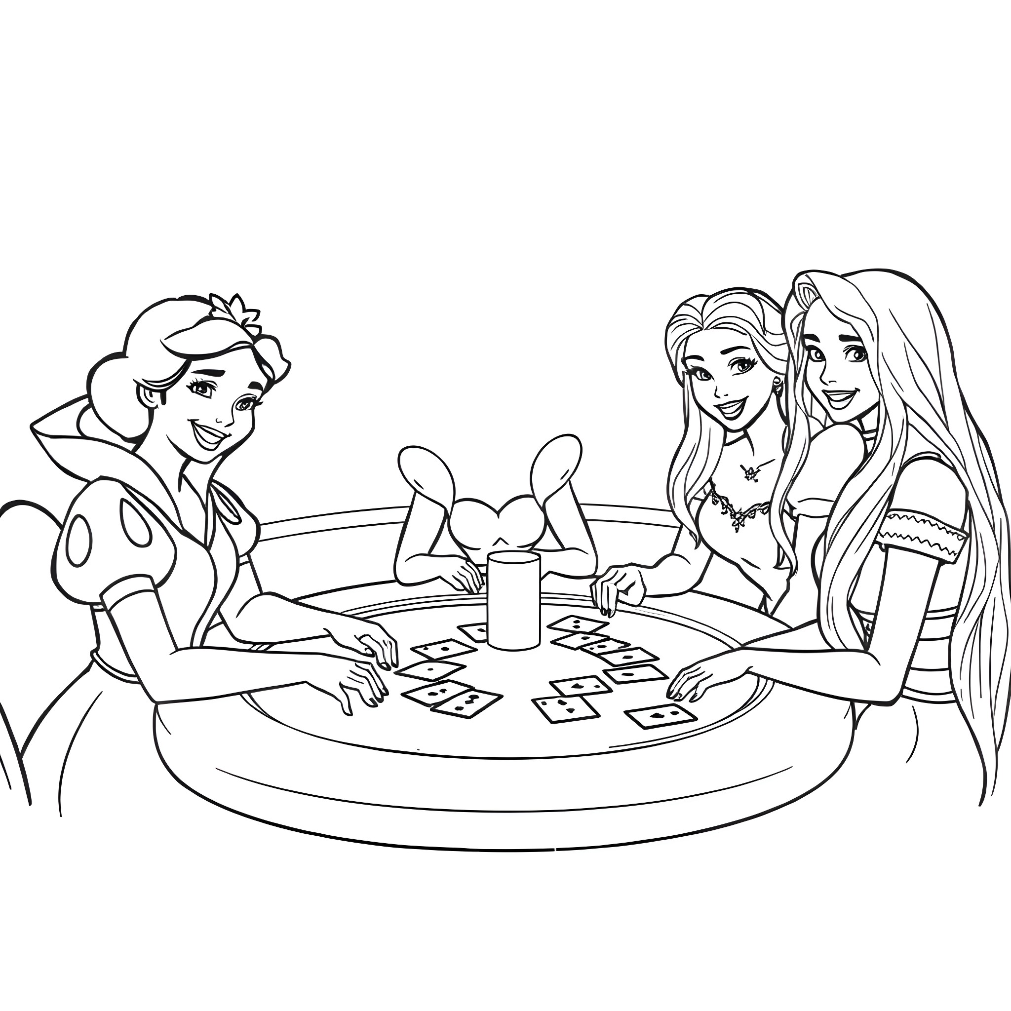 Princess Playing Cards with Friends Coloring Page (free black-and-white line drawing printable PDF for all, from beginners to advanced learners, including children, teens, adults, and seniors)