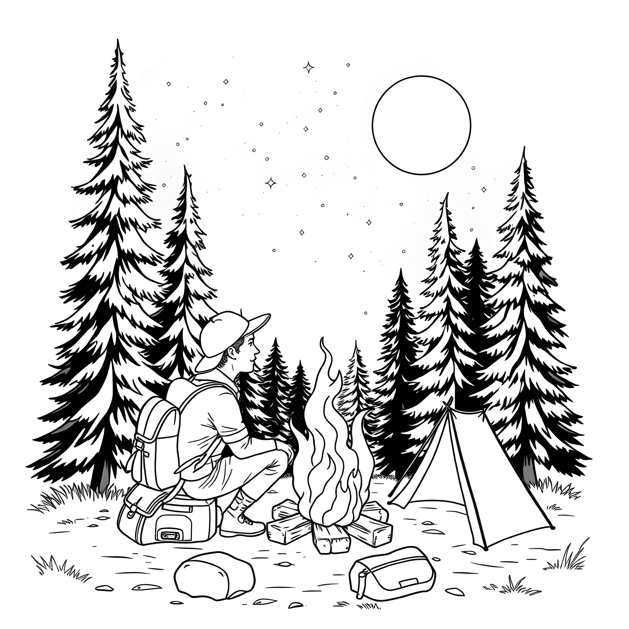Scout exploring the serene winter forest Coloring Page (free black-and-white line drawing printable PDF for all, from beginners to advanced learners, including children, teens, adults, and seniors)