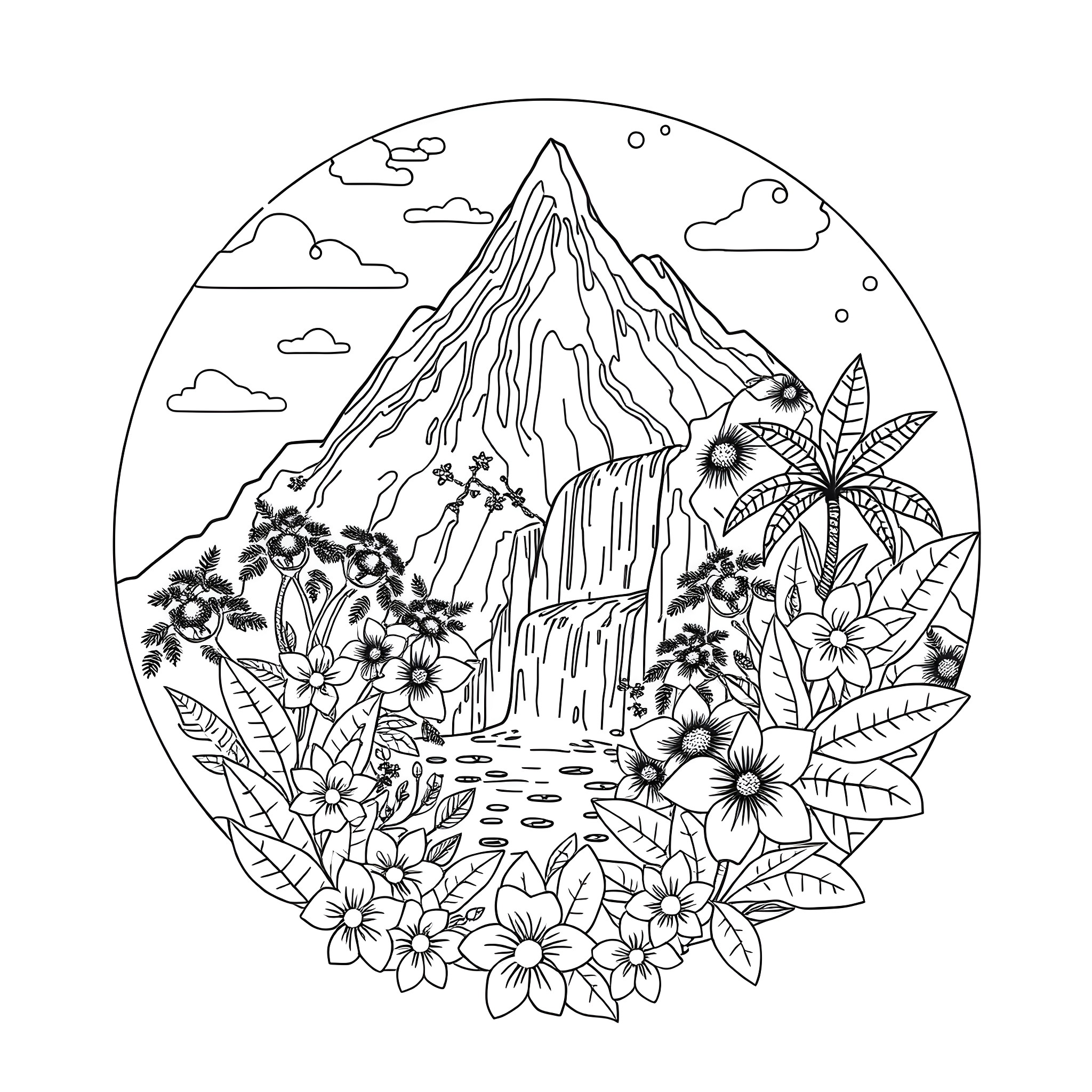 Mountain Scene with Tropical Flowers Coloring Page (free black-and-white line drawing printable PDF for all, from beginners to advanced learners, including children, teens, adults, and seniors)