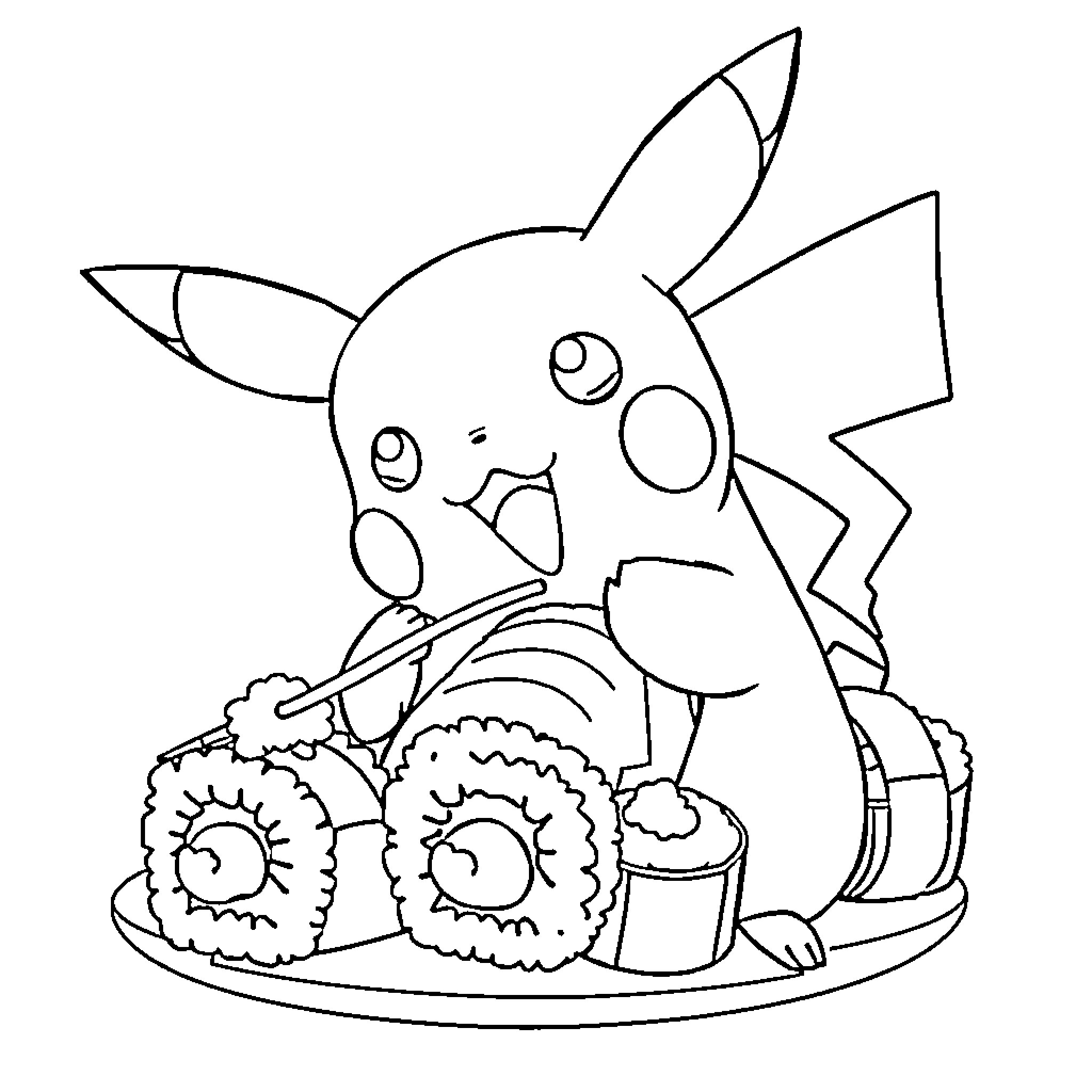 Pikachu enjoying a meal of sushi Coloring Page (free black-and-white line drawing printable PDF for all, from beginners to advanced learners, including children, teens, adults, and seniors)