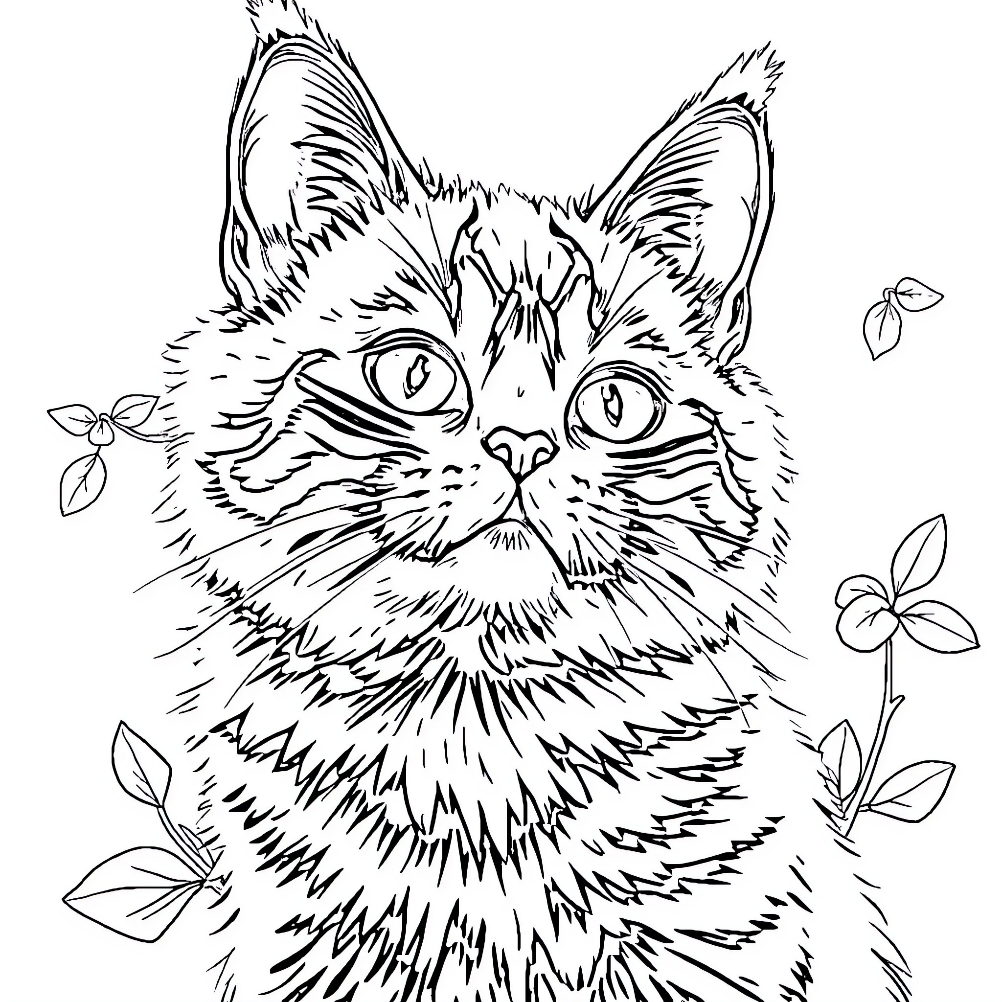 Cat and Dog in Playful Floral Scene Coloring Page (free black-and-white line drawing printable PDF for all, from beginners to advanced learners, including children, teens, adults, and seniors)