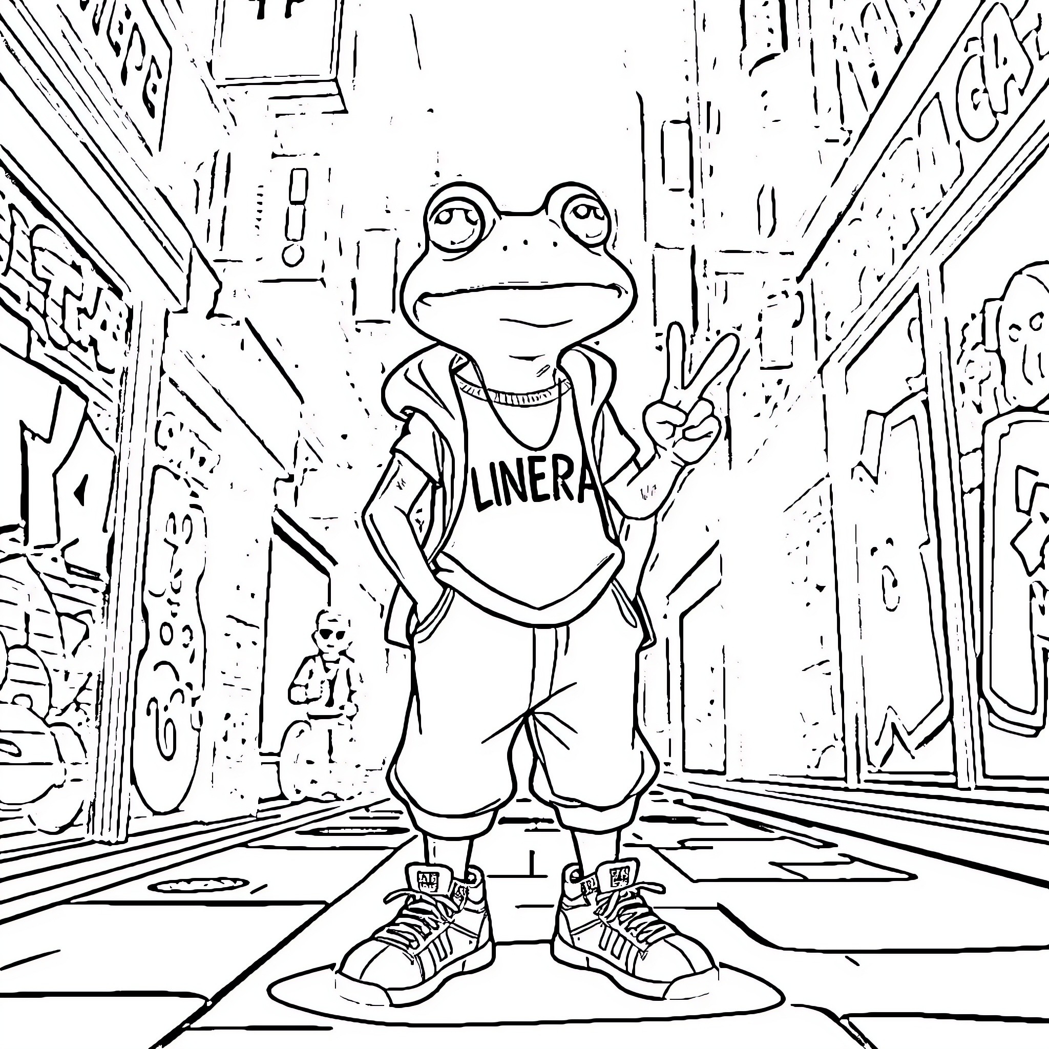 Pepe the Frog in Trendy Streetwear Coloring Page (free black-and-white line drawing printable PDF for all, from beginners to advanced learners, including children, teens, adults, and seniors)