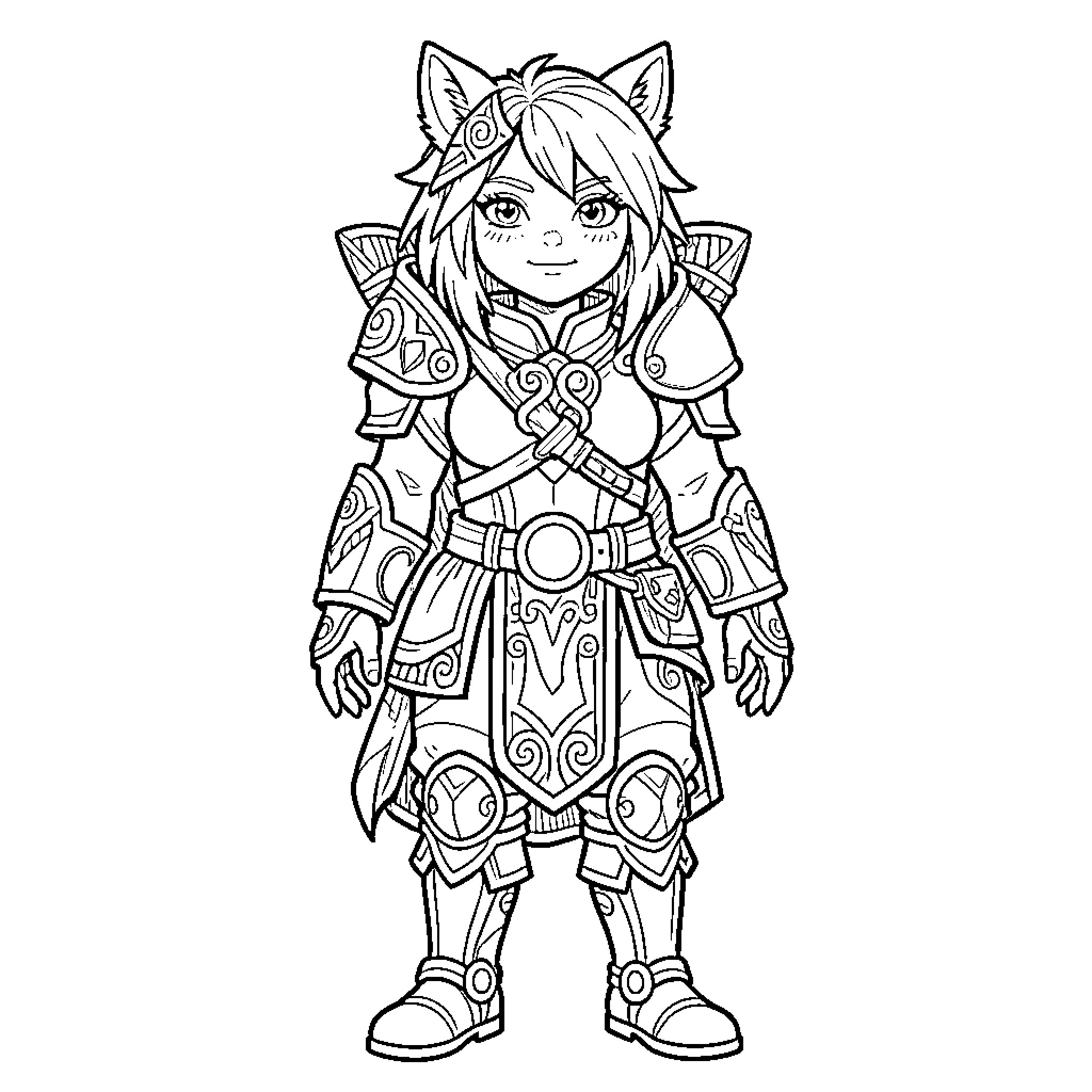 Avatar fantasy warrior character standing in ornate armor Coloring Page (free black-and-white line drawing printable PDF for all, from beginners to advanced learners, including children, teens, adults, and seniors)
