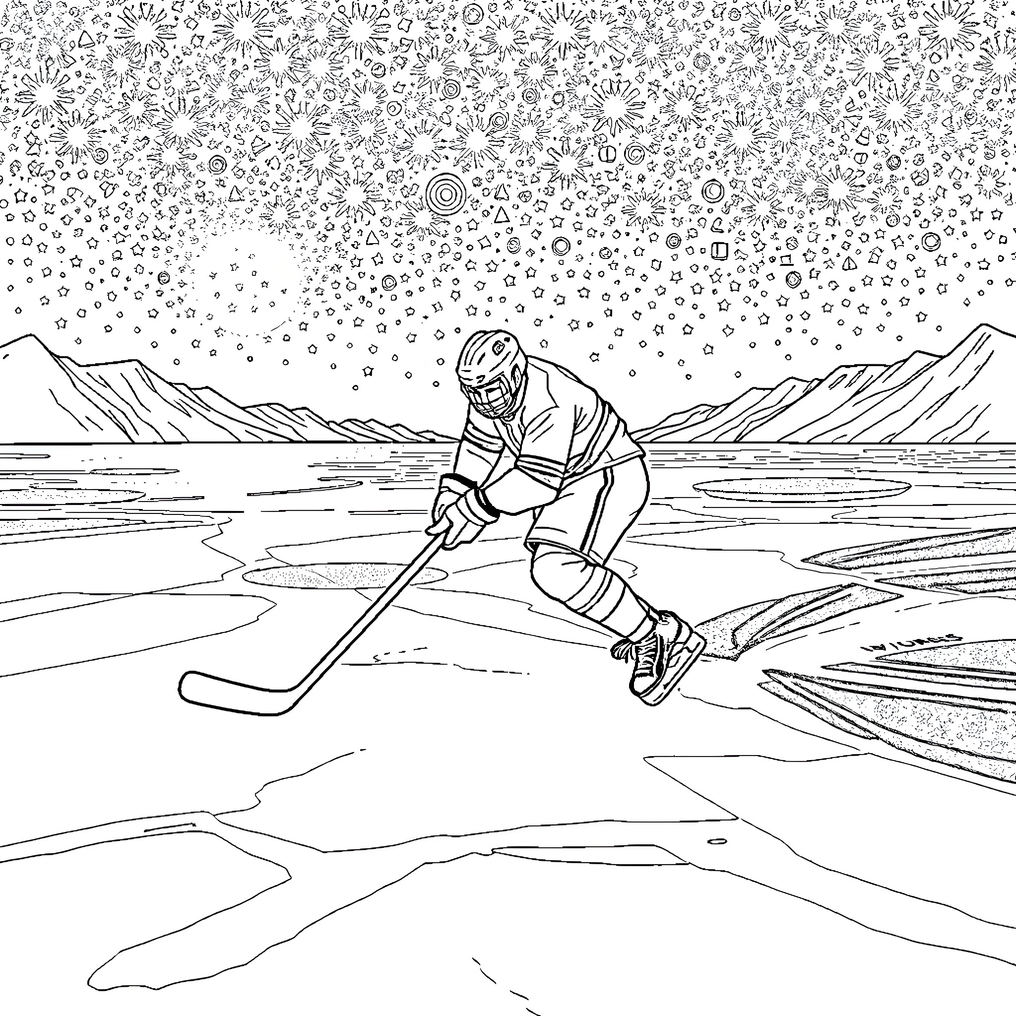 Hockey Player on Icy Lake during Snowy Night Coloring Page (free black-and-white line drawing printable PDF for all, from beginners to advanced learners, including children, teens, adults, and seniors)