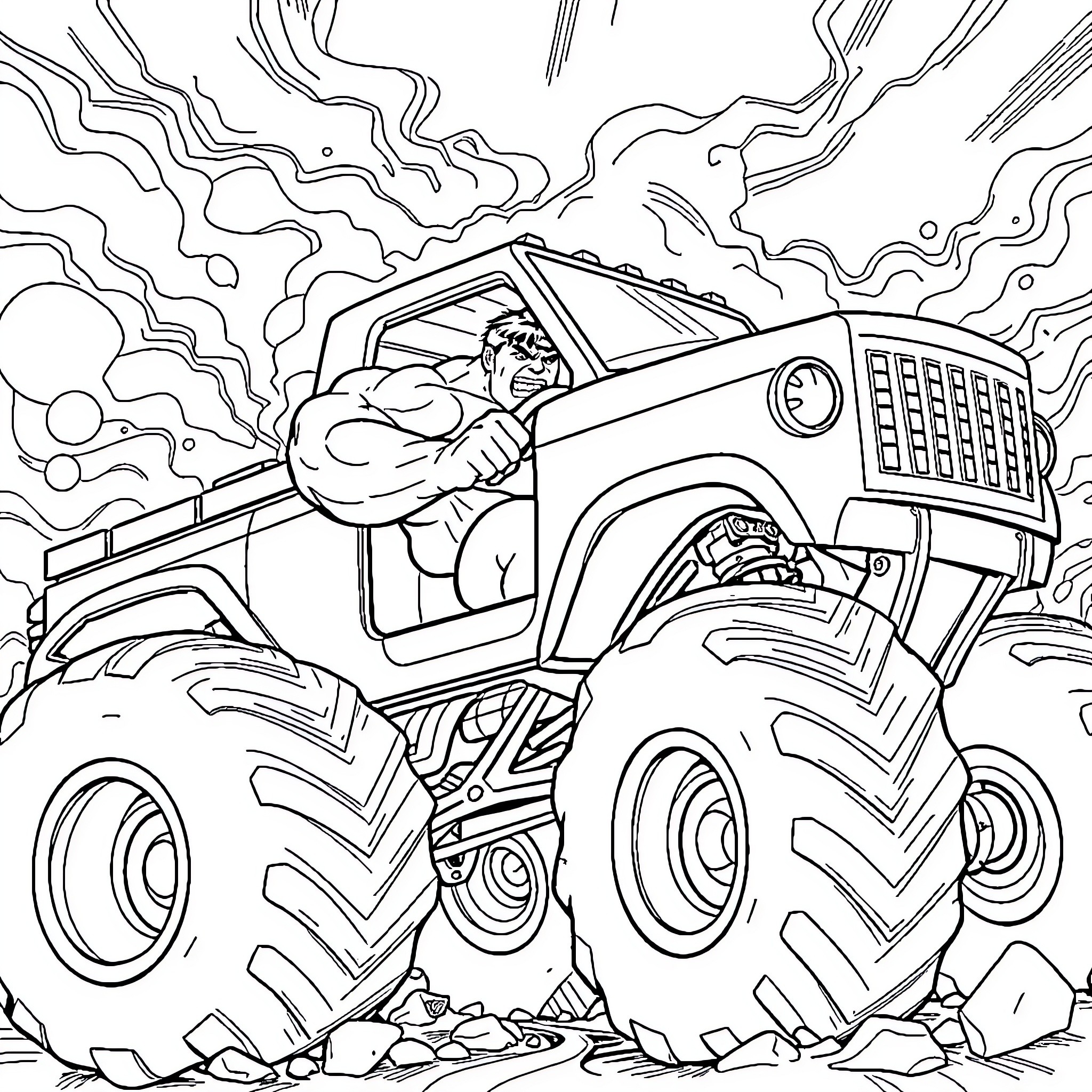 Hulk Driving Powerful Monster Truck Through Rough Terrain Coloring Page (free black-and-white line drawing printable PDF for all, from beginners to advanced learners, including children, teens, adults, and seniors)