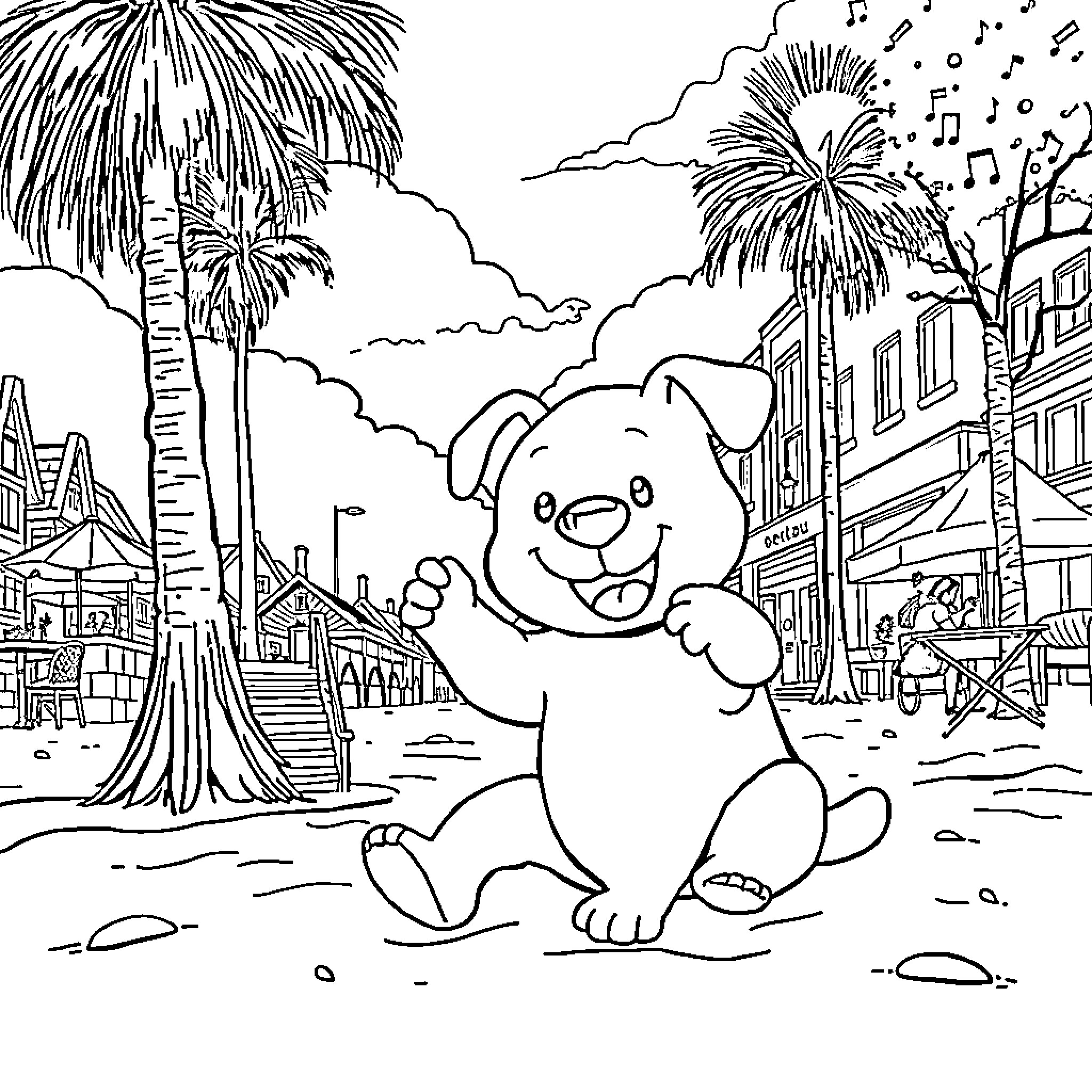Bumba's Joyful Music in a Tropical Paradise Coloring Page (free black-and-white line drawing printable PDF for all, from beginners to advanced learners, including children, teens, adults, and seniors)