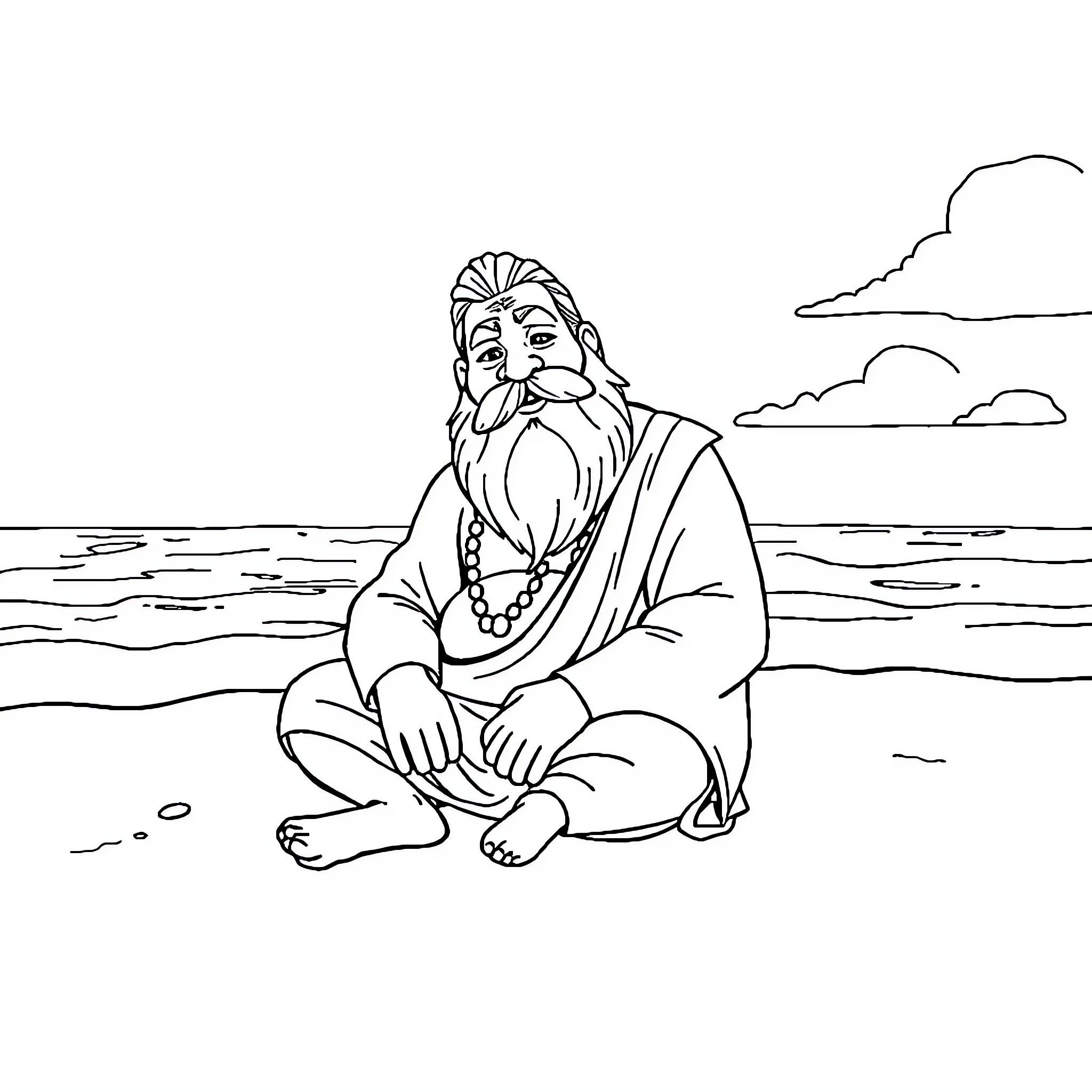 Uncle Iroh contemplating by the shore Coloring Page (free black-and-white line drawing printable PDF for all, from beginners to advanced learners, including children, teens, adults, and seniors)