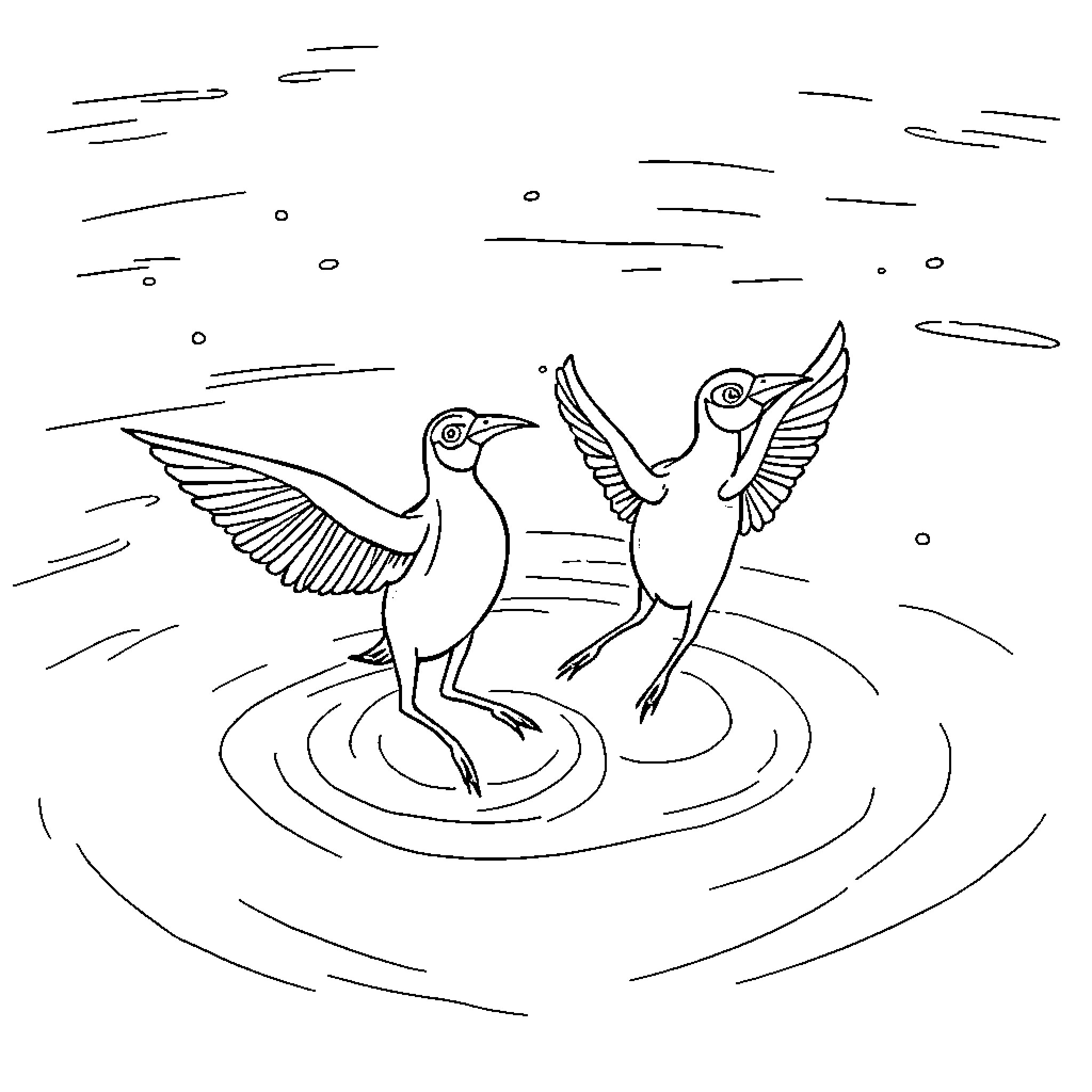 Guppy birds dancing on water Coloring Page (free black-and-white line drawing printable PDF for all, from beginners to advanced learners, including children, teens, adults, and seniors)