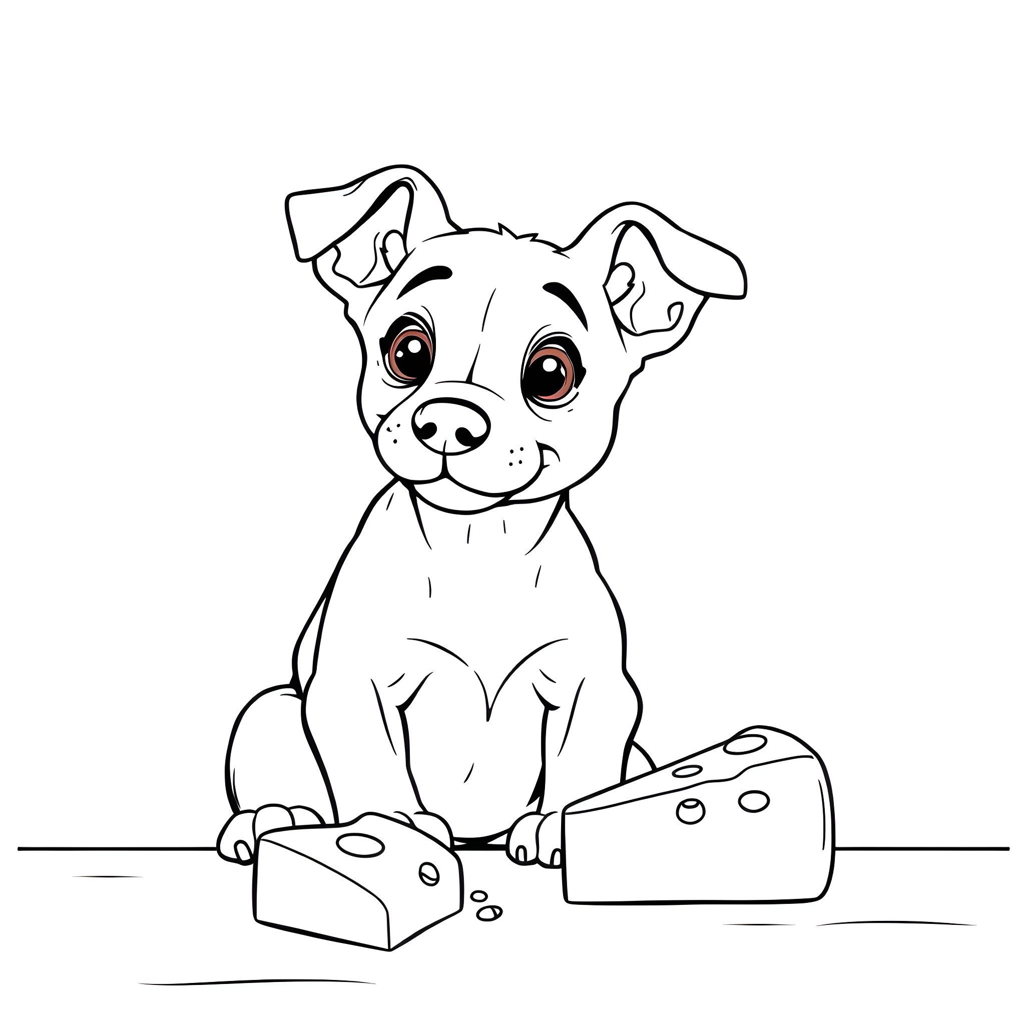 Dog playing with toys happily Coloring Page (free black-and-white line drawing printable PDF for all, from beginners to advanced learners, including children, teens, adults, and seniors)