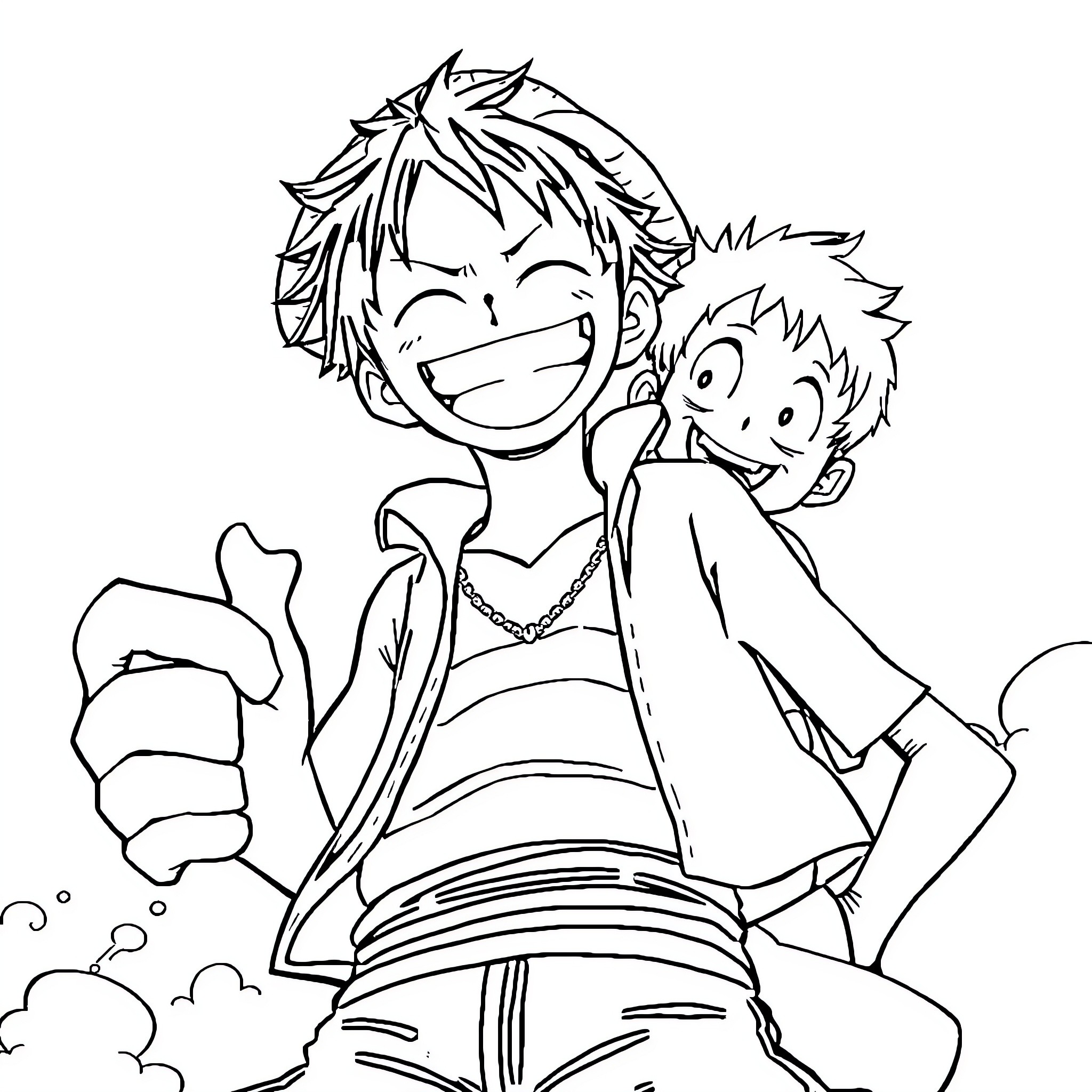 Luffy's Carefree Adventure with Friendly Companion Coloring Page (free black-and-white line drawing printable PDF for all, from beginners to advanced learners, including children, teens, adults, and seniors)