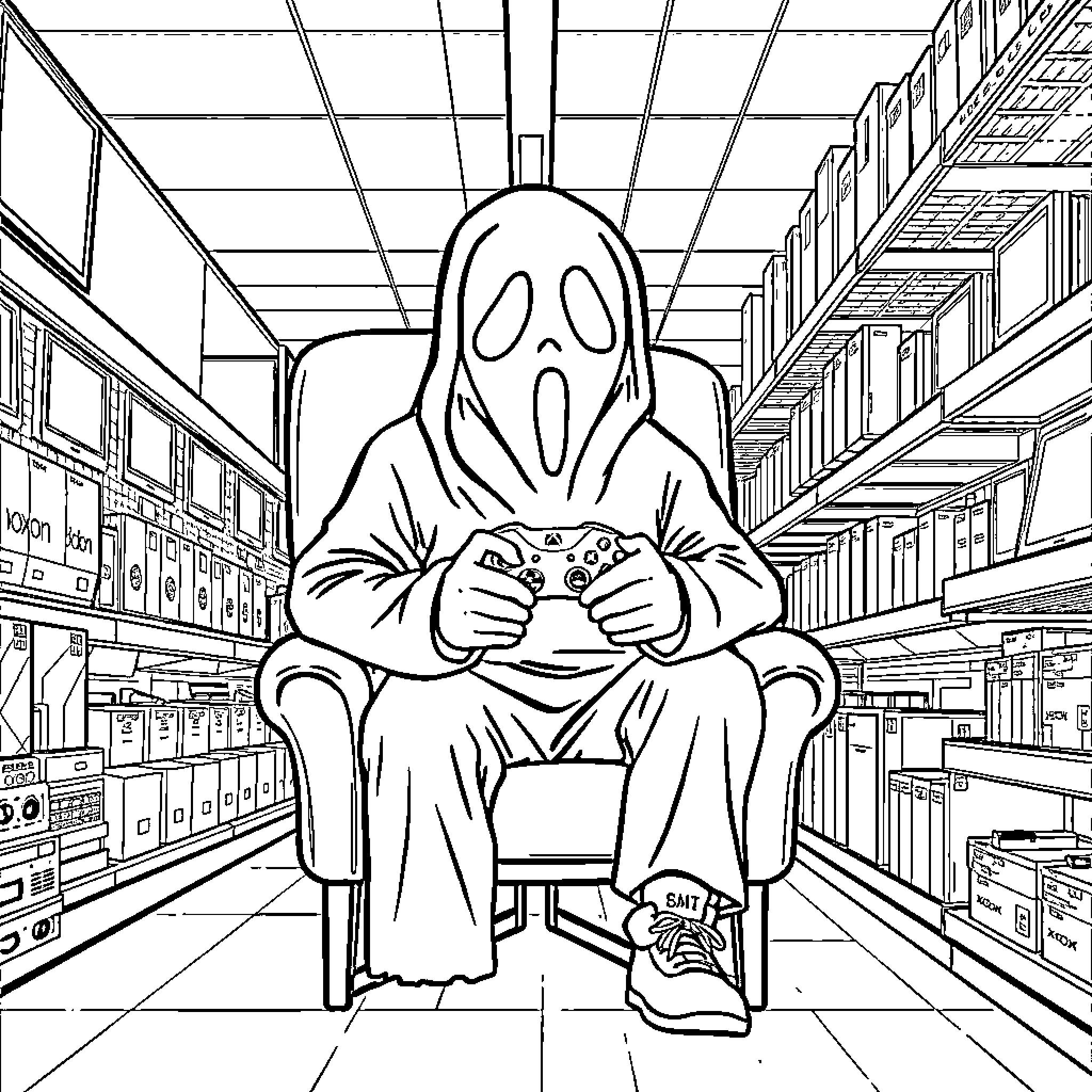 Ghost Face gaming in the library Coloring Page (free black-and-white line drawing printable PDF for all, from beginners to advanced learners, including children, teens, adults, and seniors)
