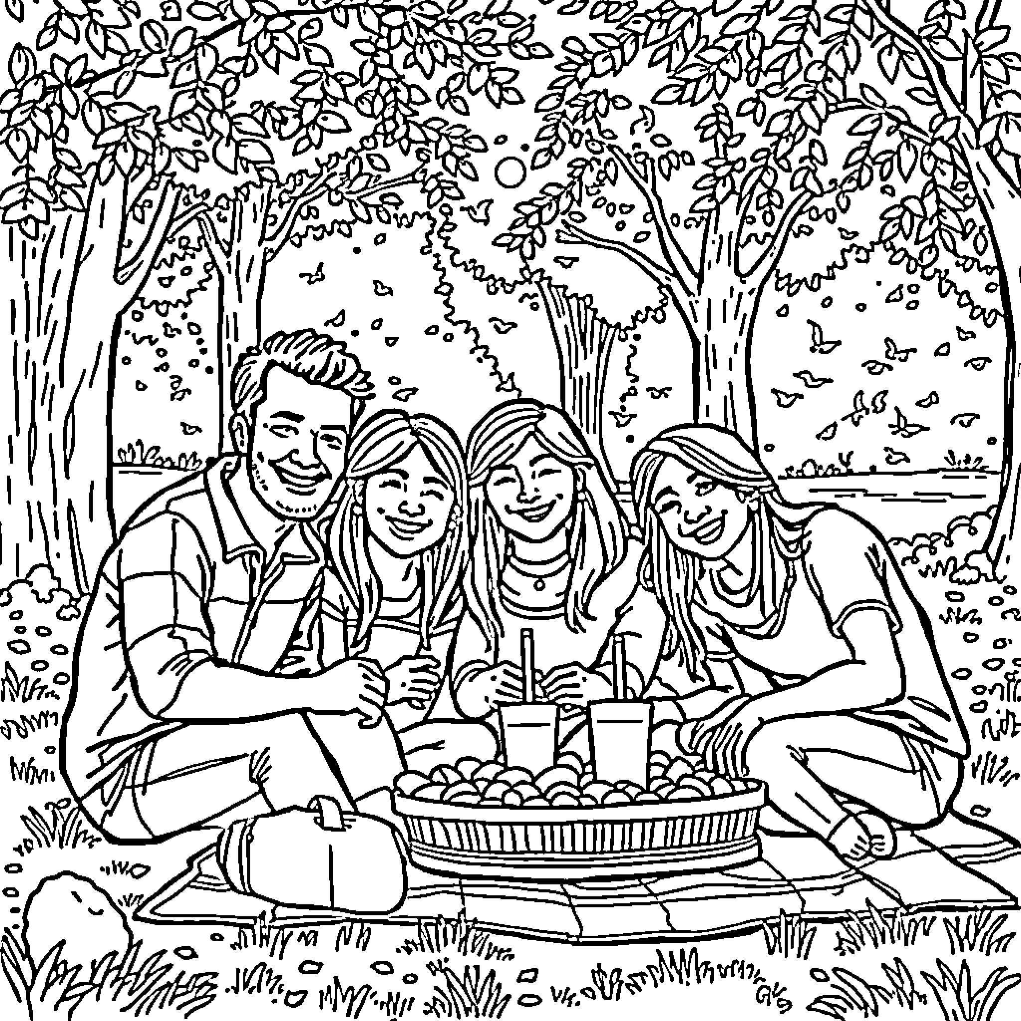 Family Enjoying Picnic in Serene Forest Coloring Page (free black-and-white line drawing printable PDF for all, from beginners to advanced learners, including children, teens, adults, and seniors)