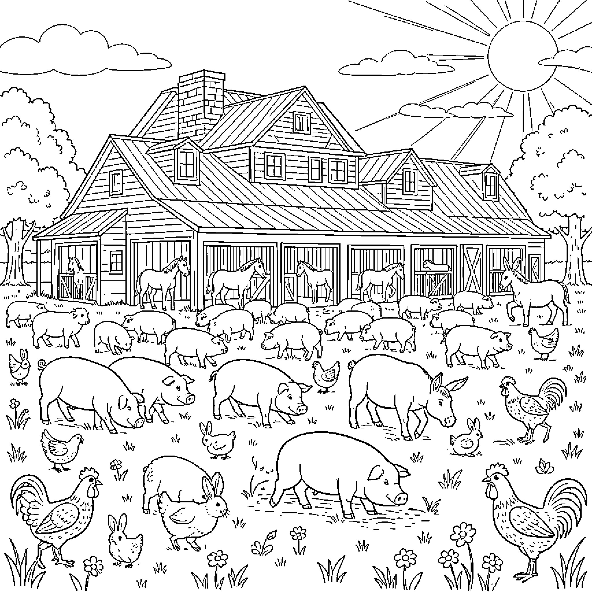 Farm animals grazing peacefully in front of a barn Coloring Page (free black-and-white line drawing printable PDF for all, from beginners to advanced learners, including children, teens, adults, and seniors)