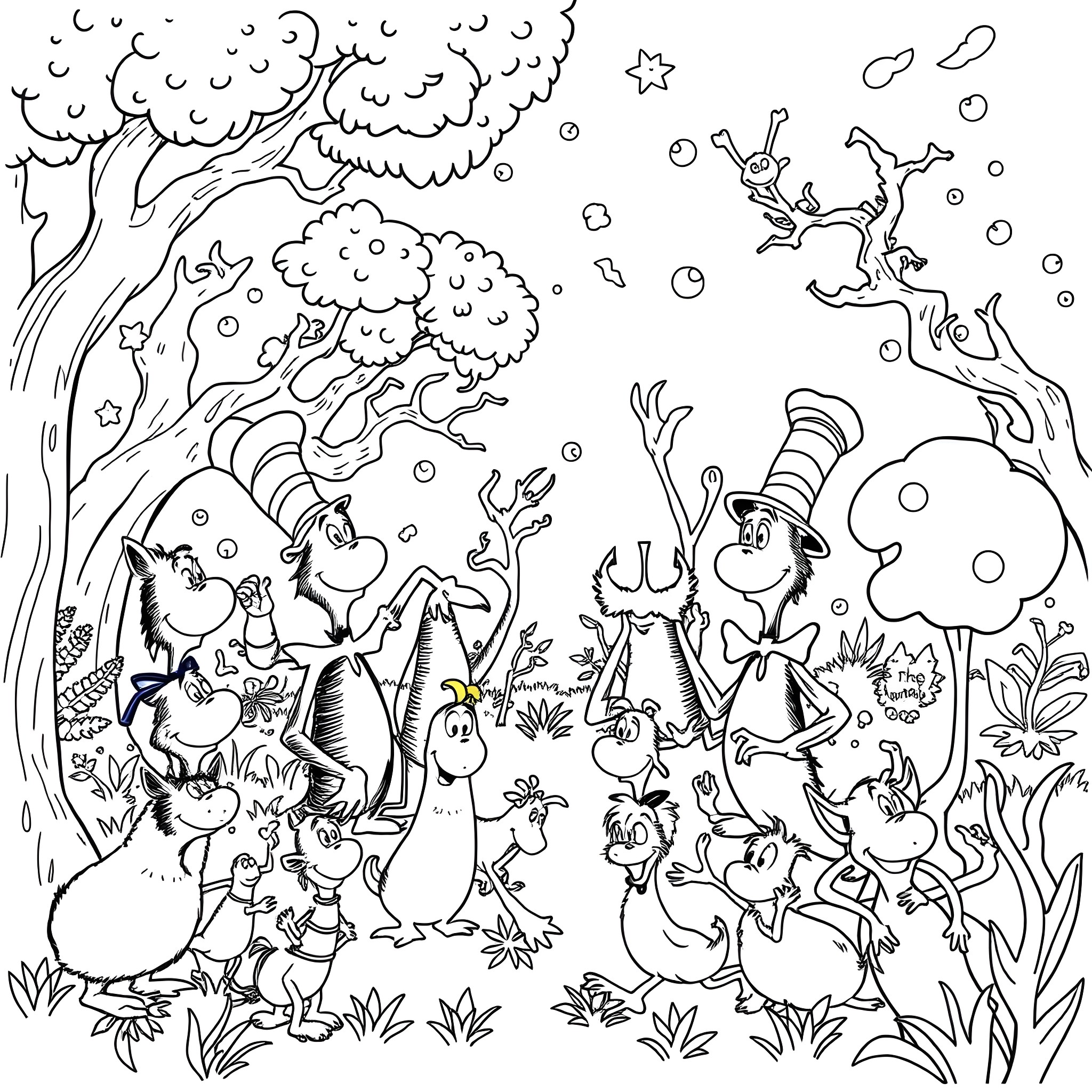 Dr. Seuss' Whimsical Creatures in a Fantastical Forest Coloring Page (free black-and-white line drawing printable PDF for all, from beginners to advanced learners, including children, teens, adults, and seniors)