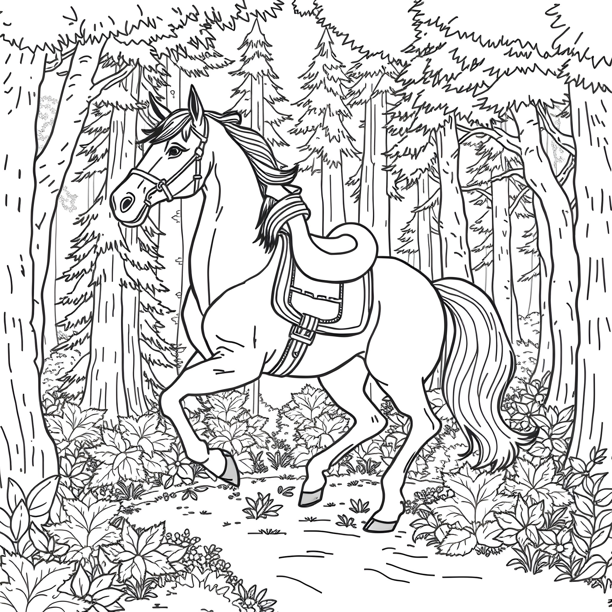 Snake Horse Galloping Through the Forest Coloring Page (free black-and-white line drawing printable PDF for all, from beginners to advanced learners, including children, teens, adults, and seniors)