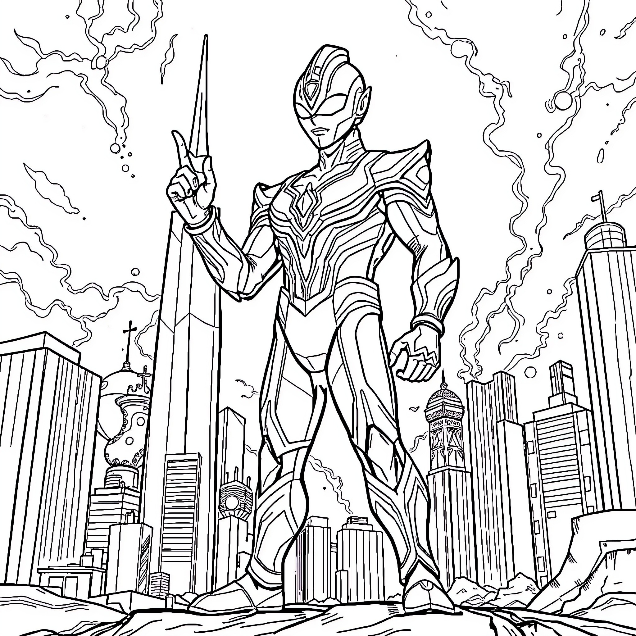 Ultraman Defending the City from Danger Coloring Page (free black-and-white line drawing printable PDF for all, from beginners to advanced learners, including children, teens, adults, and seniors)