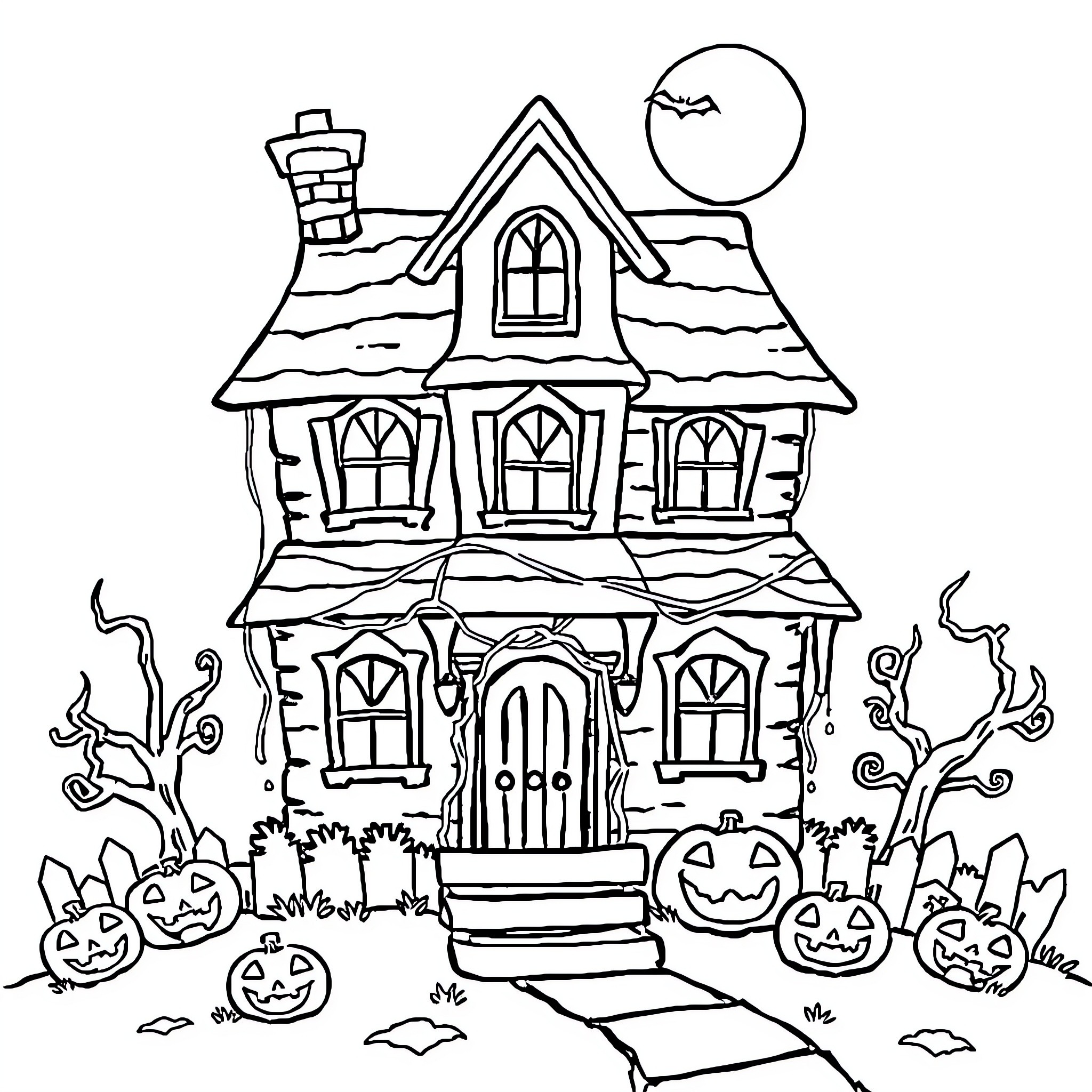 House with Halloween decorations and pumpkins Coloring Page (free black-and-white line drawing printable PDF for all, from beginners to advanced learners, including children, teens, adults, and seniors)