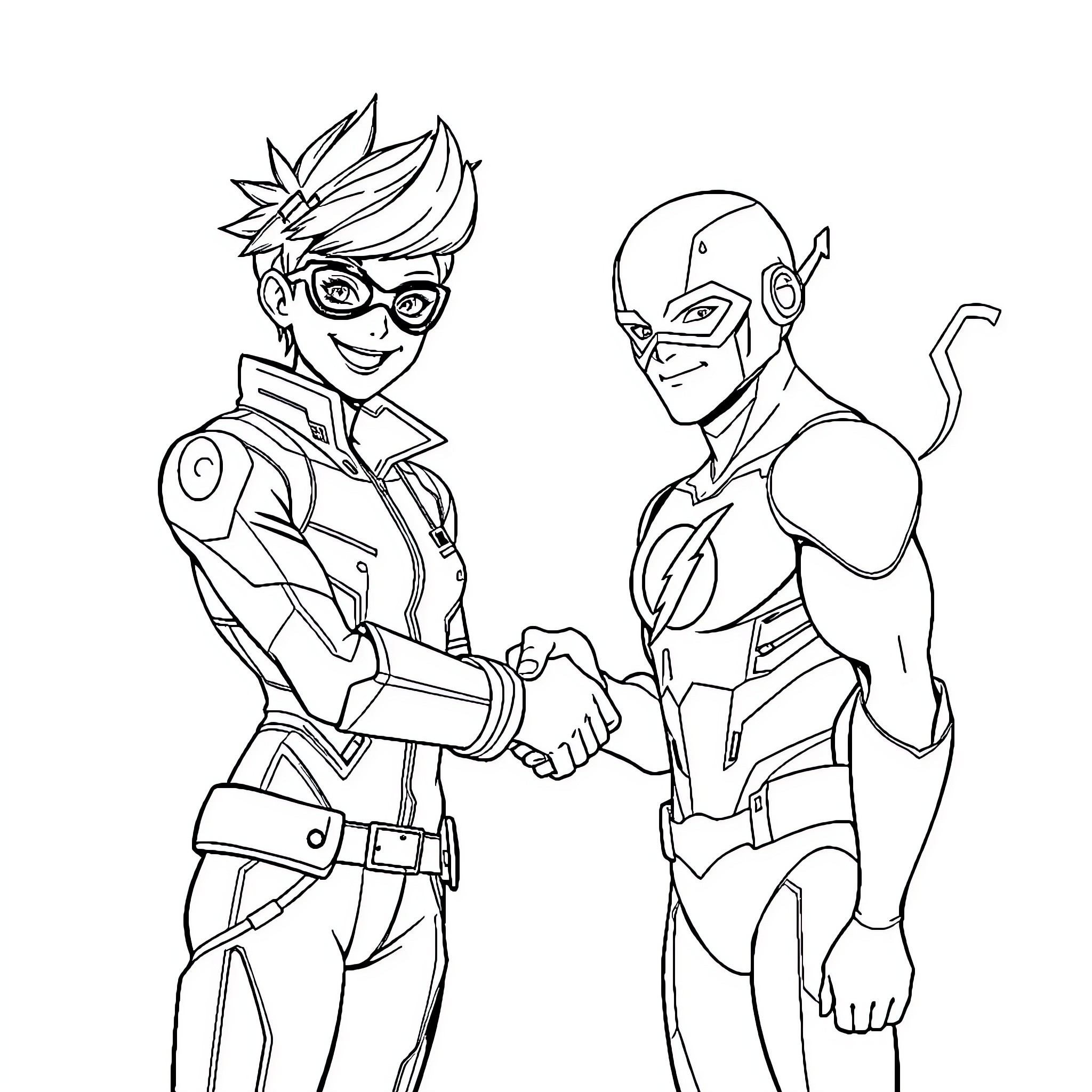 Tracer shaking hands with heroic figure Coloring Page (free black-and-white line drawing printable PDF for all, from beginners to advanced learners, including children, teens, adults, and seniors)
