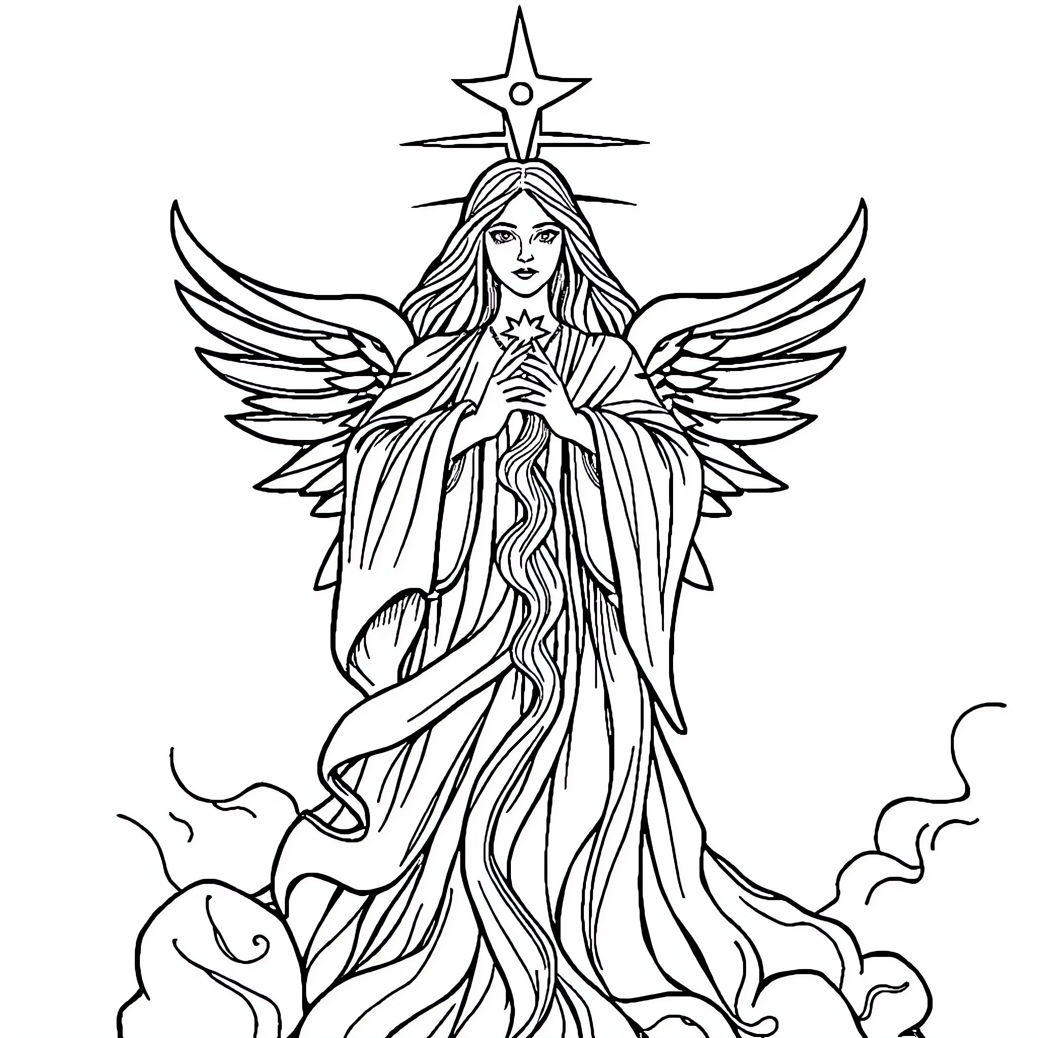 Holy Spirit Angelic Figure with Flowing Robes and Wings Coloring Page (free black-and-white line drawing printable PDF for all, from beginners to advanced learners, including children, teens, adults, and seniors)
