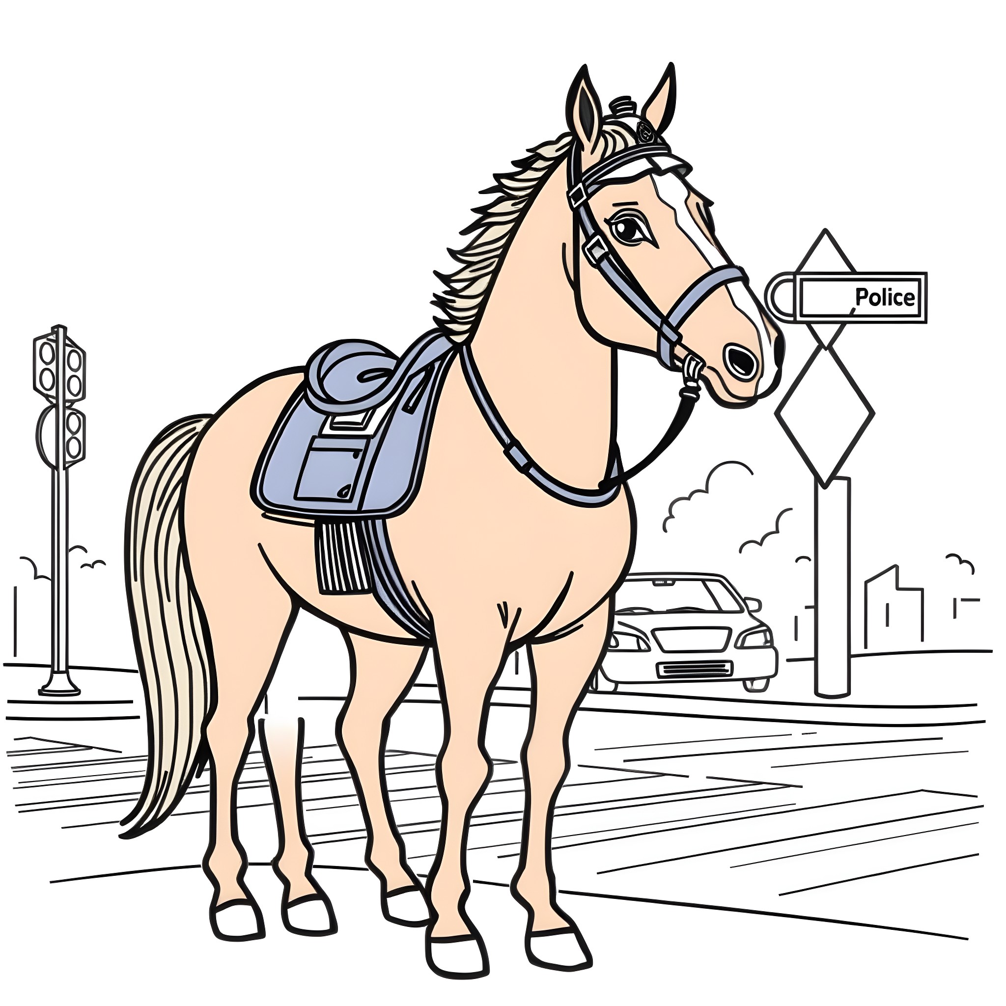 Horse Police Officer on Duty Coloring Page (free black-and-white line drawing printable PDF for all, from beginners to advanced learners, including children, teens, adults, and seniors)