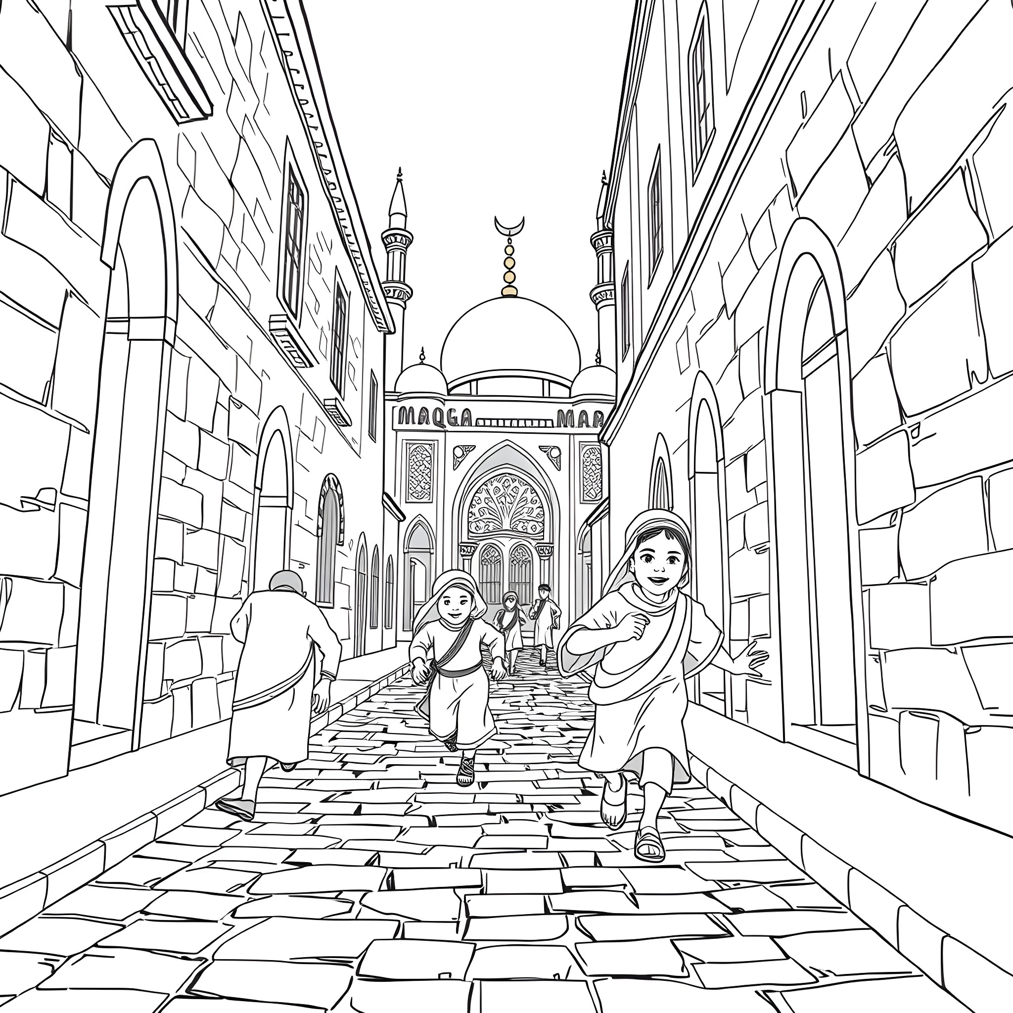 Children playing in traditional Islamic architecture Coloring Page (free black-and-white line drawing printable PDF for all, from beginners to advanced learners, including children, teens, adults, and seniors)