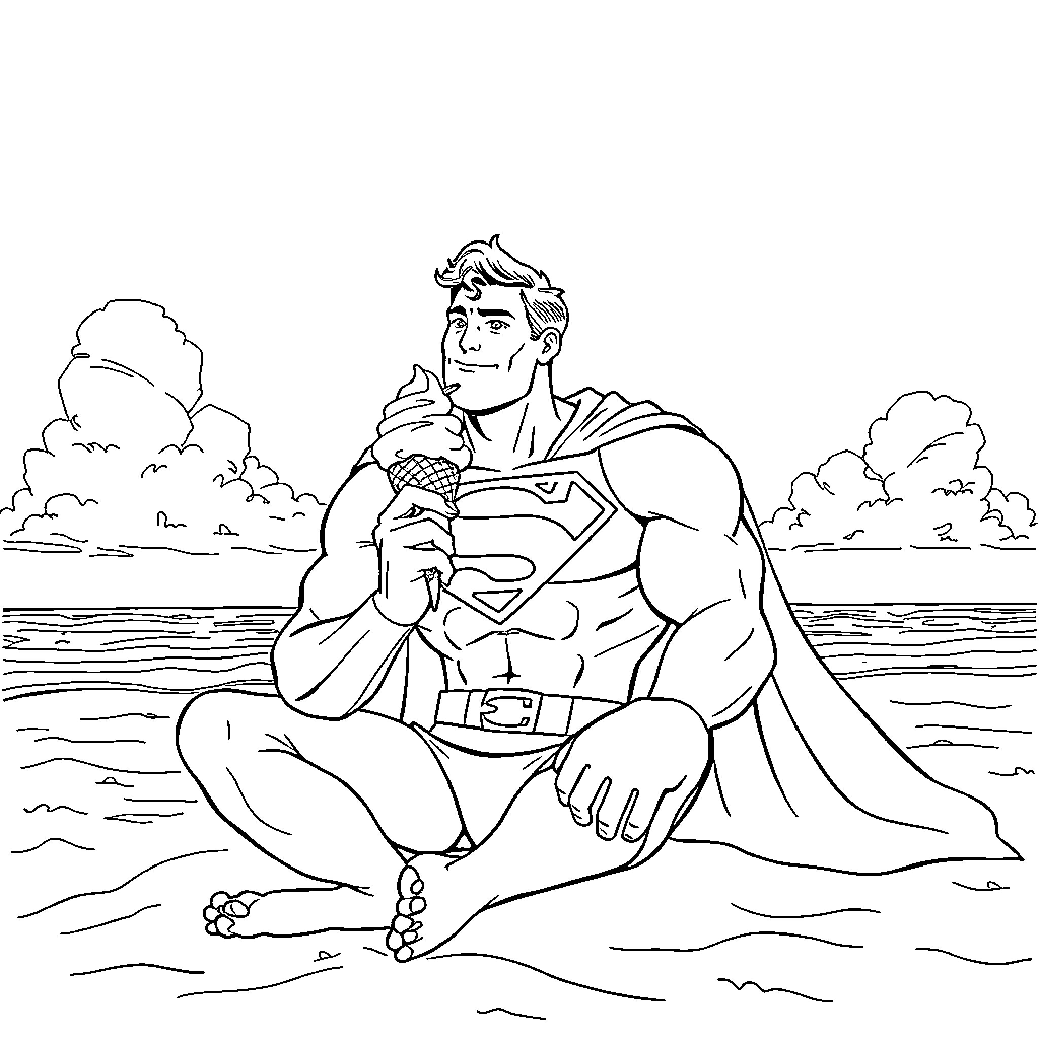 Superman relaxing on the beach Coloring Page (free black-and-white line drawing printable PDF for all, from beginners to advanced learners, including children, teens, adults, and seniors)