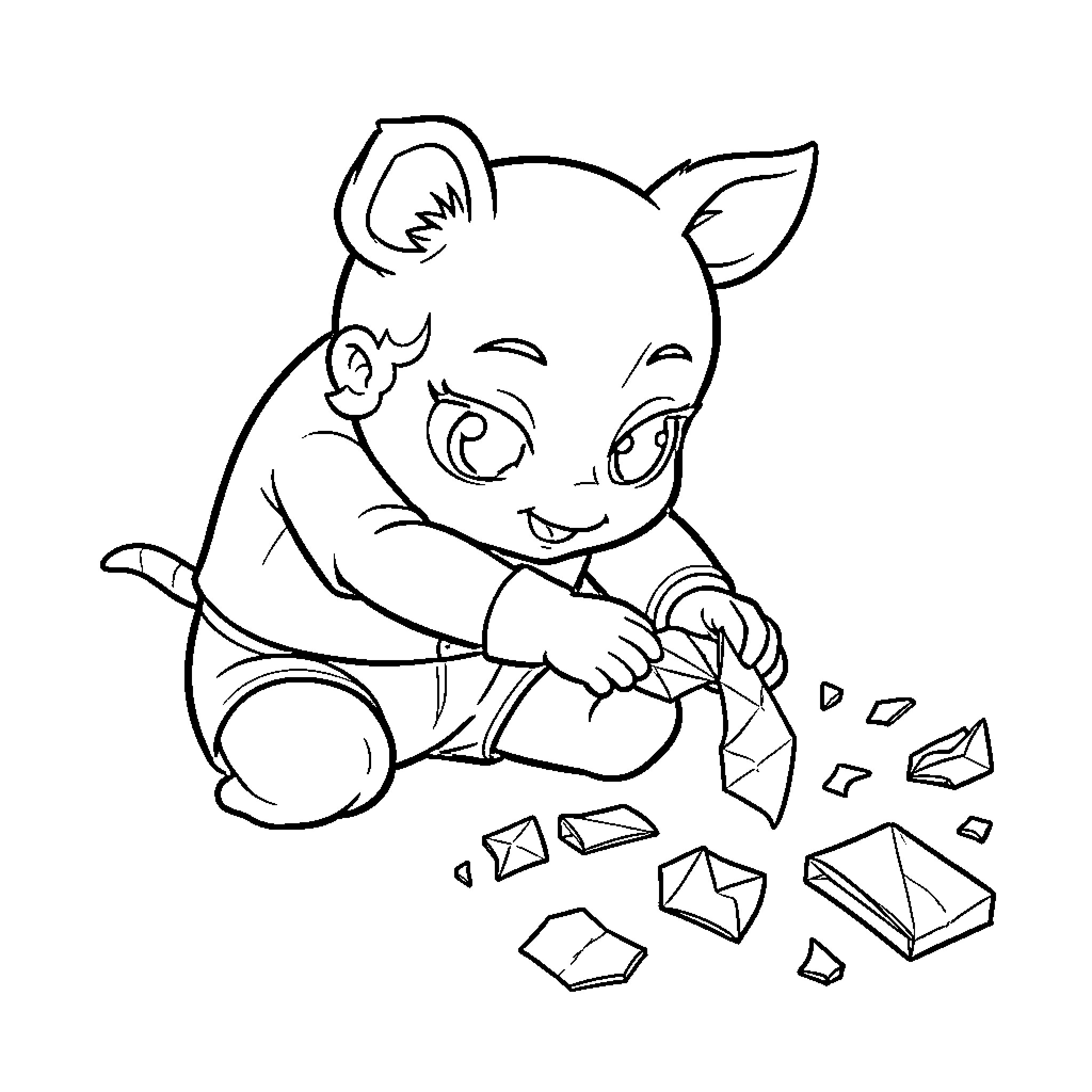 Doh cute character tearing up pieces of paper Coloring Page (free black-and-white line drawing printable PDF for all, from beginners to advanced learners, including children, teens, adults, and seniors)