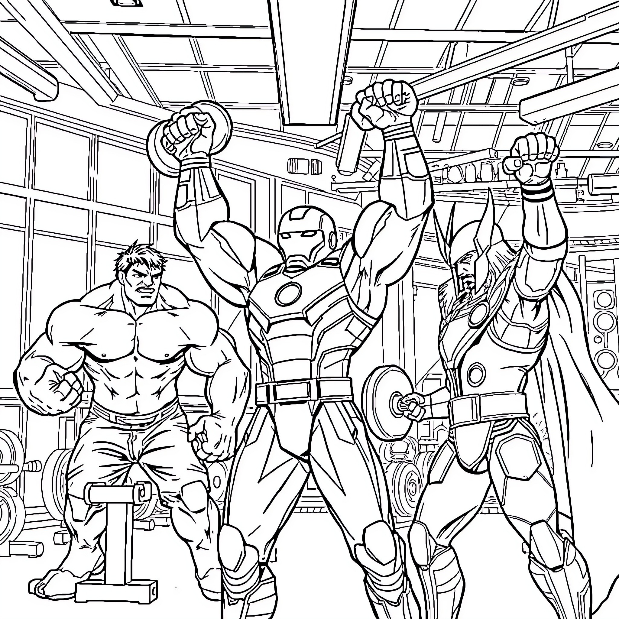 Hulk and Iron Man battle heroically with Captain America Coloring Page (free black-and-white line drawing printable PDF for all, from beginners to advanced learners, including children, teens, adults, and seniors)
