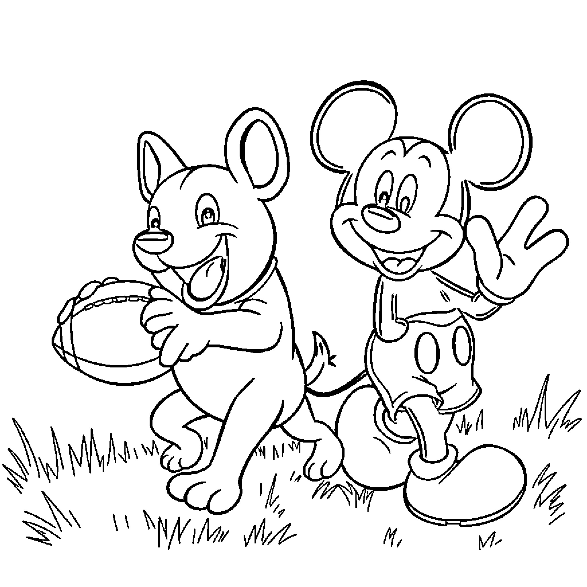 Underdog duo playing with ball on grassy field Coloring Page (free black-and-white line drawing printable PDF for all, from beginners to advanced learners, including children, teens, adults, and seniors)