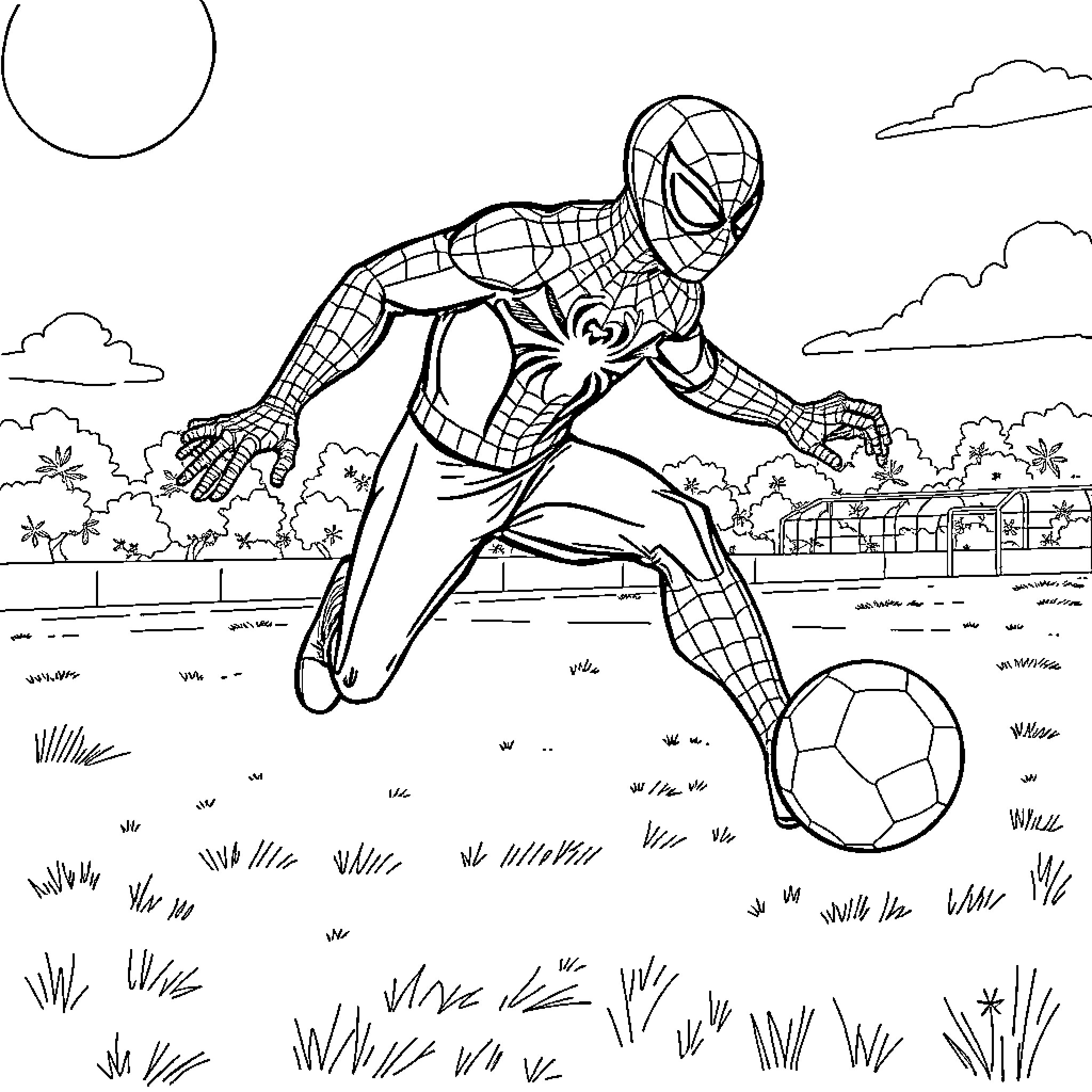 Spiderman playing soccer in the park Coloring Page (free black-and-white line drawing printable PDF for all, from beginners to advanced learners, including children, teens, adults, and seniors)