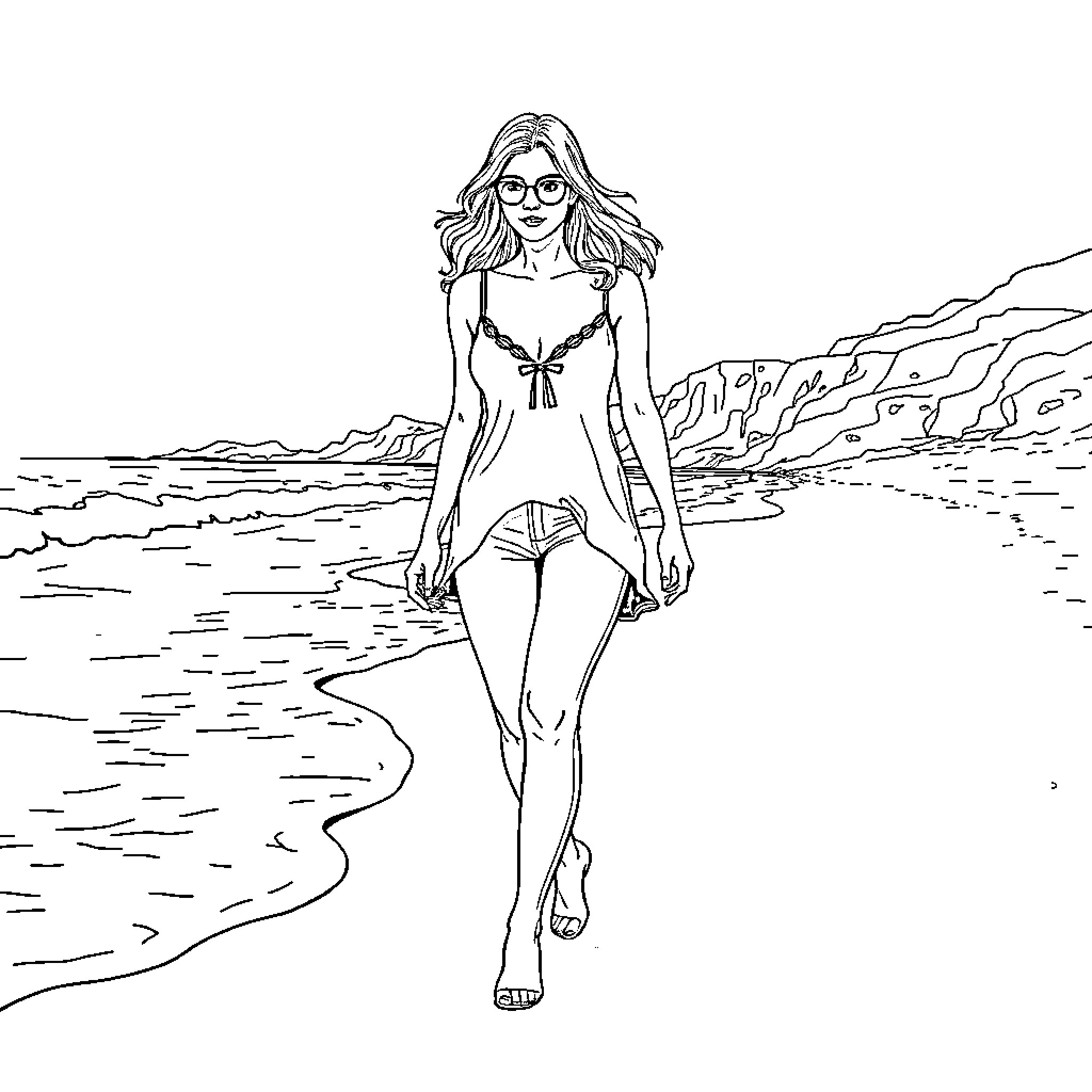 Christina Hendricks strolling on the beach Coloring Page (free black-and-white line drawing printable PDF for all, from beginners to advanced learners, including children, teens, adults, and seniors)