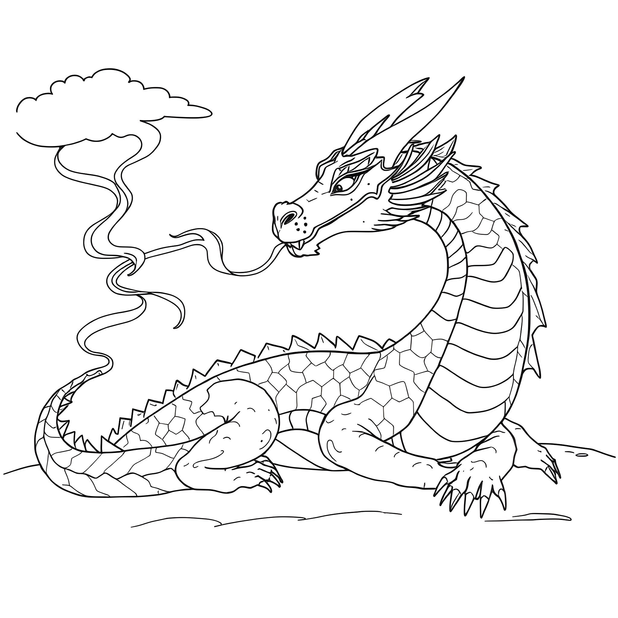 Dragon breathing fire at a person Coloring Page (free black-and-white line drawing printable PDF for all, from beginners to advanced learners, including children, teens, adults, and seniors)