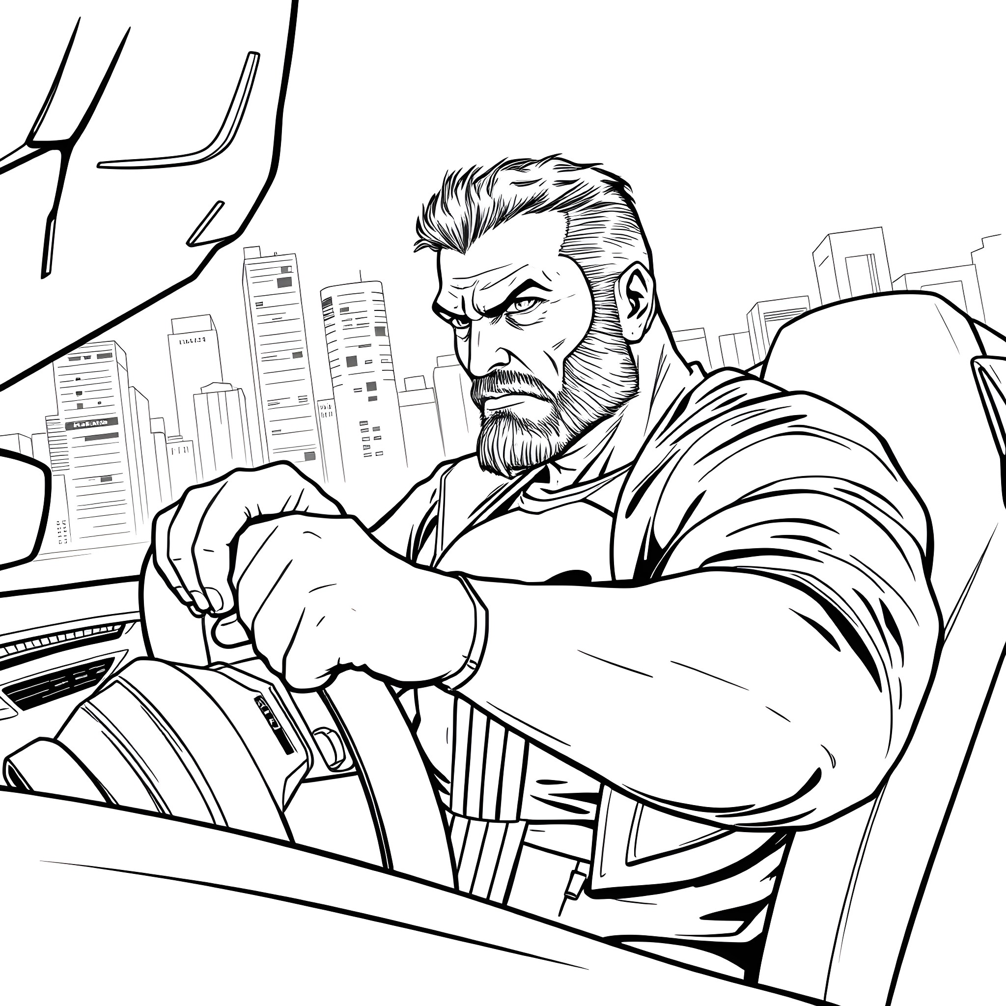 Punisher in action with determination on his face Coloring Page (free black-and-white line drawing printable PDF for all, from beginners to advanced learners, including children, teens, adults, and seniors)