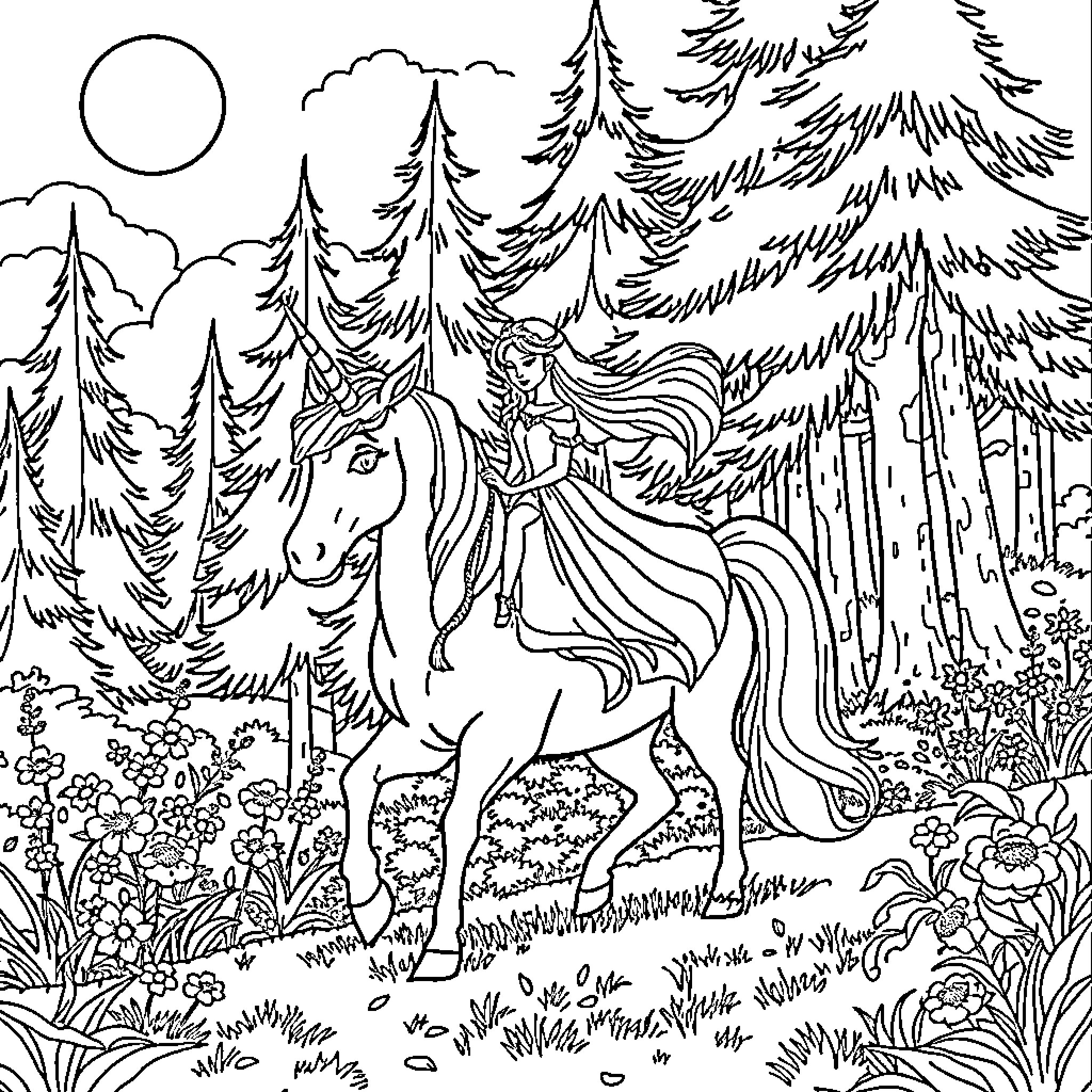 Princess riding a unicorn through the enchanted forest Coloring Page (free black-and-white line drawing printable PDF for all, from beginners to advanced learners, including children, teens, adults, and seniors)