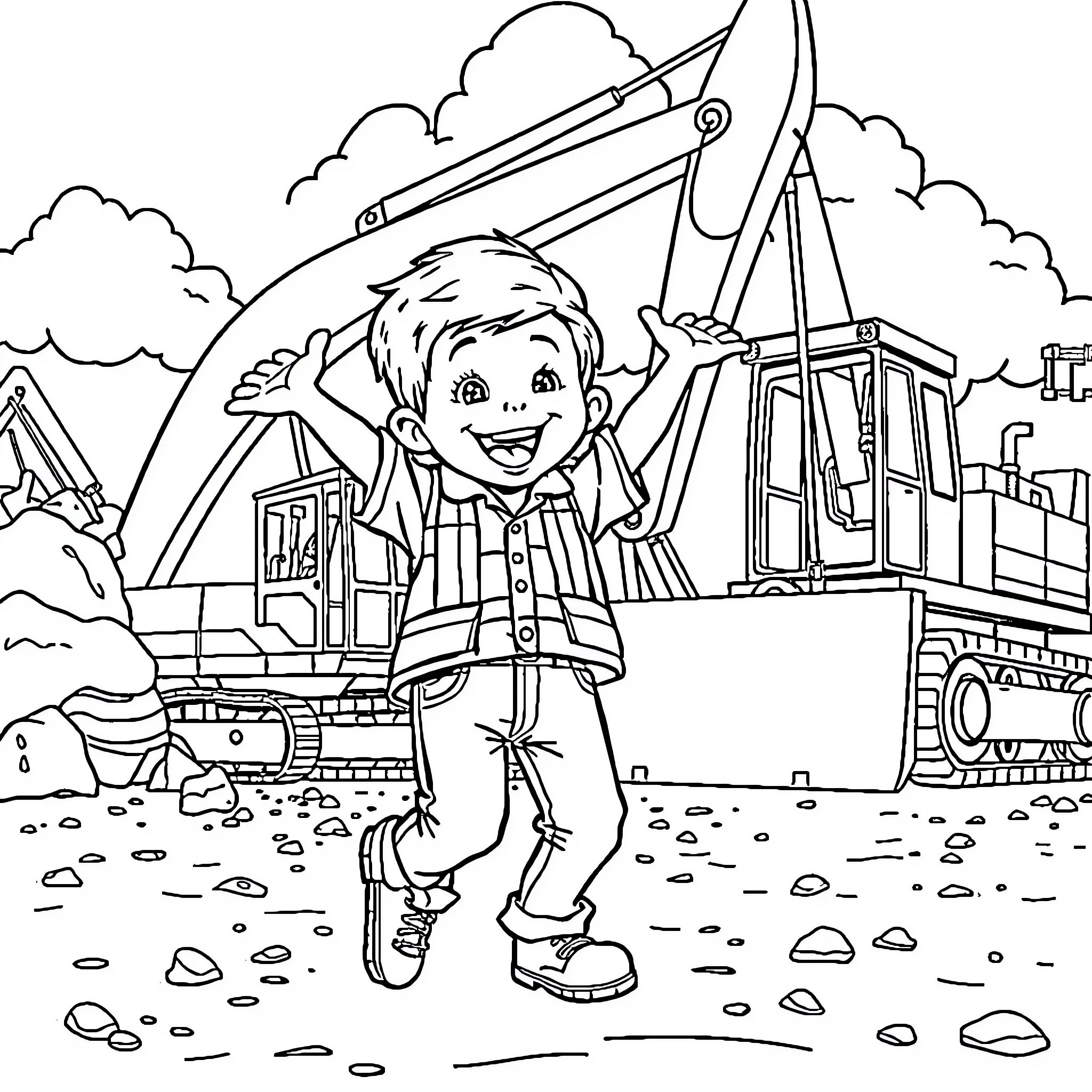Boy playing happily with construction vehicles Coloring Page (free black-and-white line drawing printable PDF for all, from beginners to advanced learners, including children, teens, adults, and seniors)