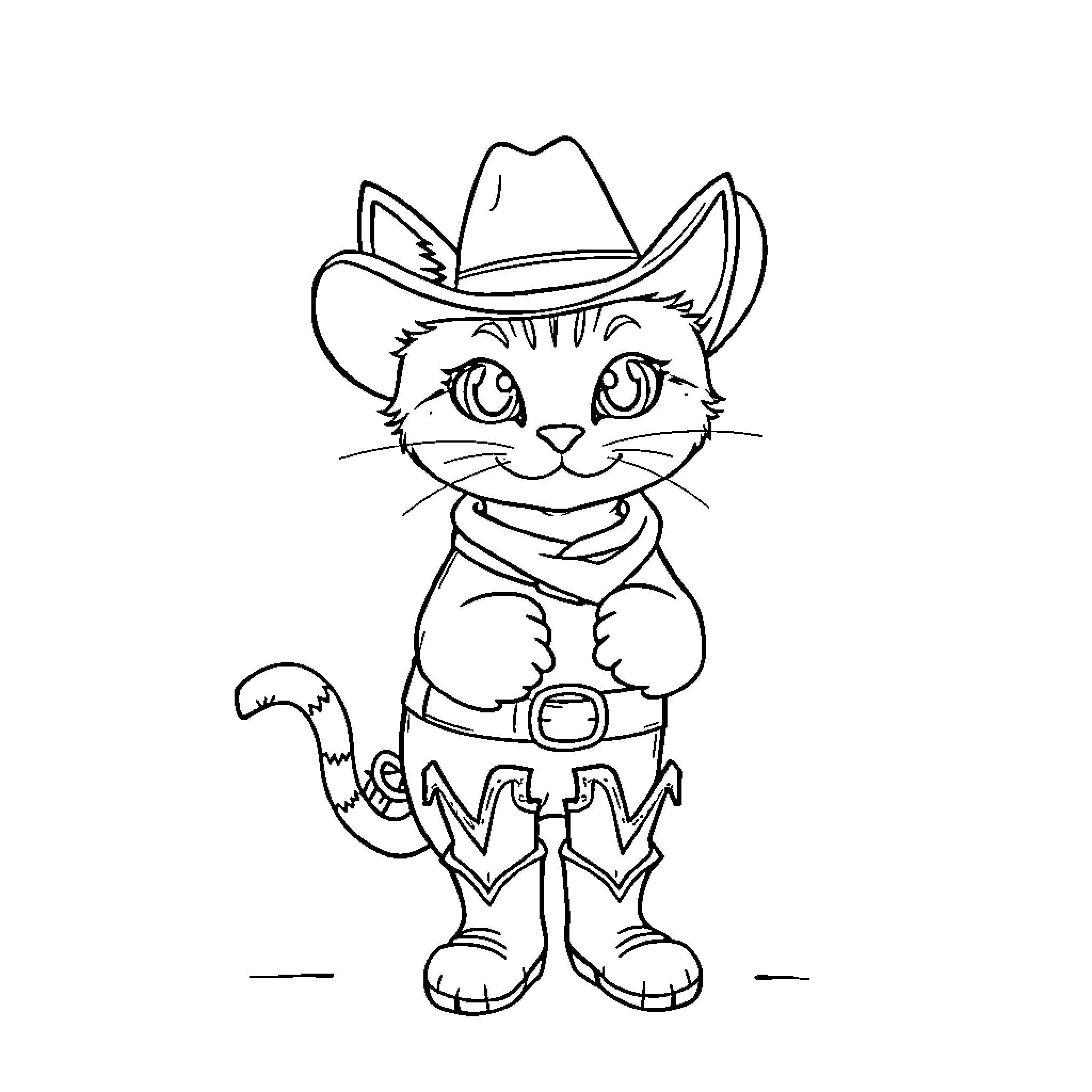 Cat wearing a cowboy hat and boots Coloring Page (free black-and-white line drawing printable PDF for all, from beginners to advanced learners, including children, teens, adults, and seniors)