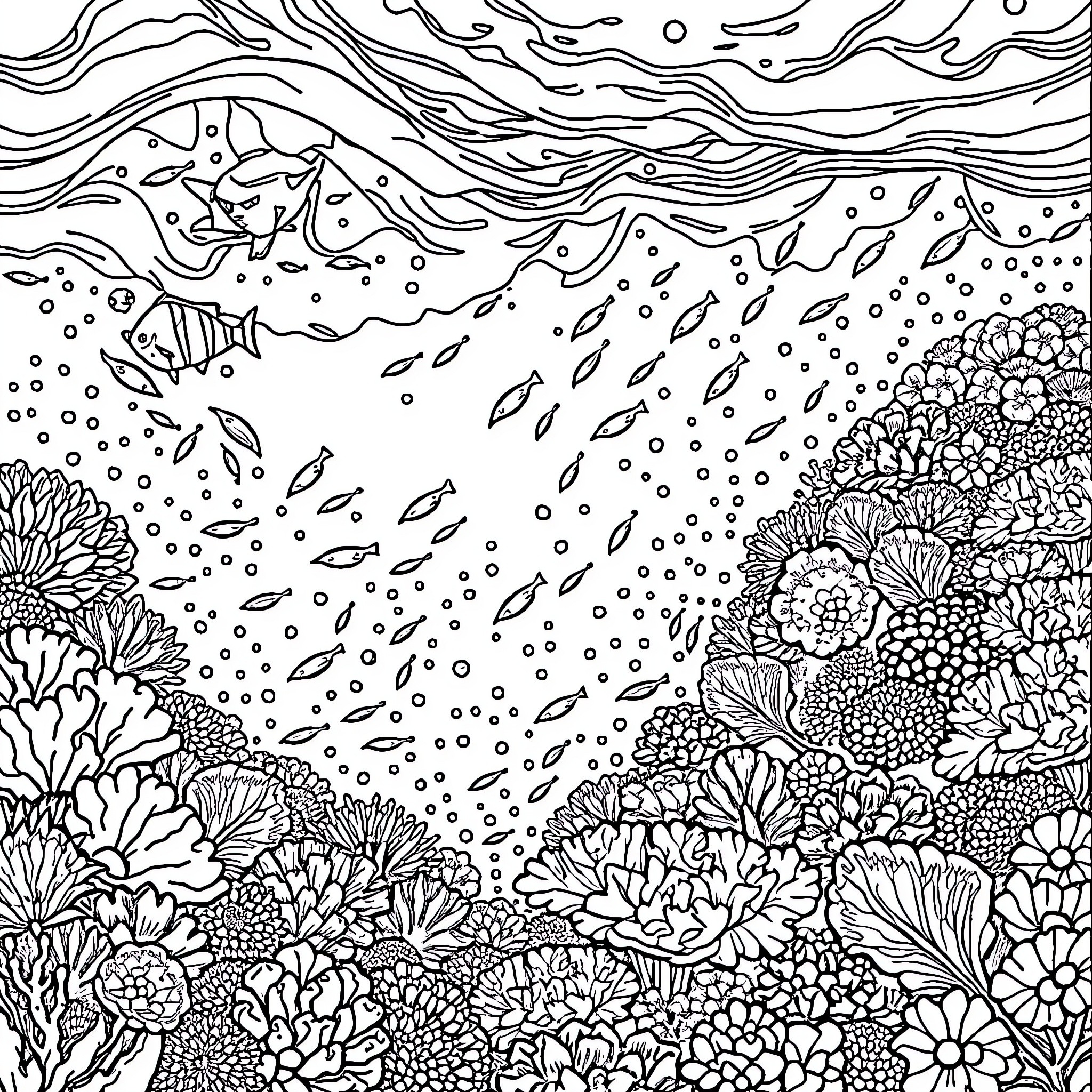 Great Barrier Reef with Vibrant Marine Life Coloring Page (free black-and-white line drawing printable PDF for all, from beginners to advanced learners, including children, teens, adults, and seniors)