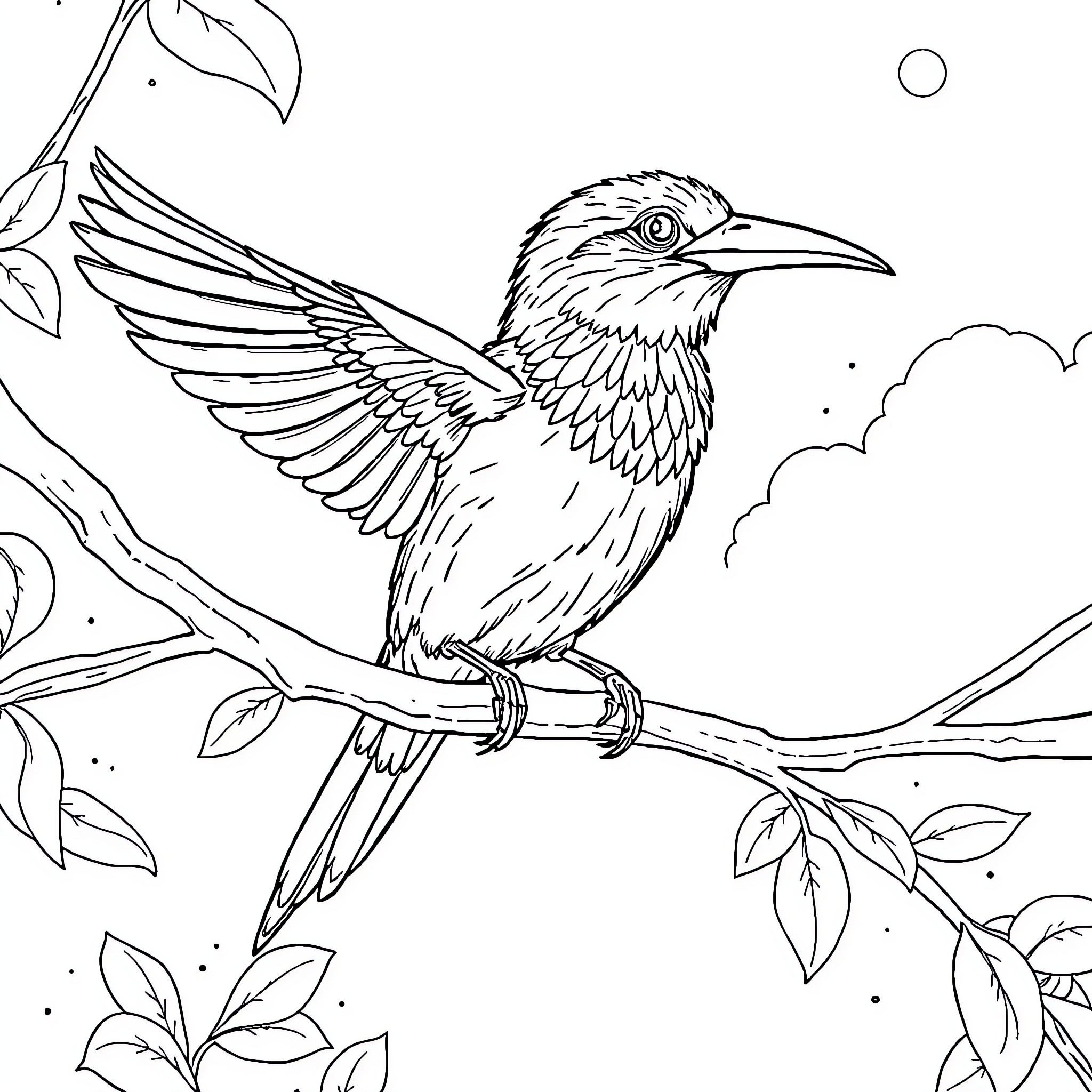 Bird perched on branch with leaves Coloring Page (free black-and-white line drawing printable PDF for all, from beginners to advanced learners, including children, teens, adults, and seniors)
