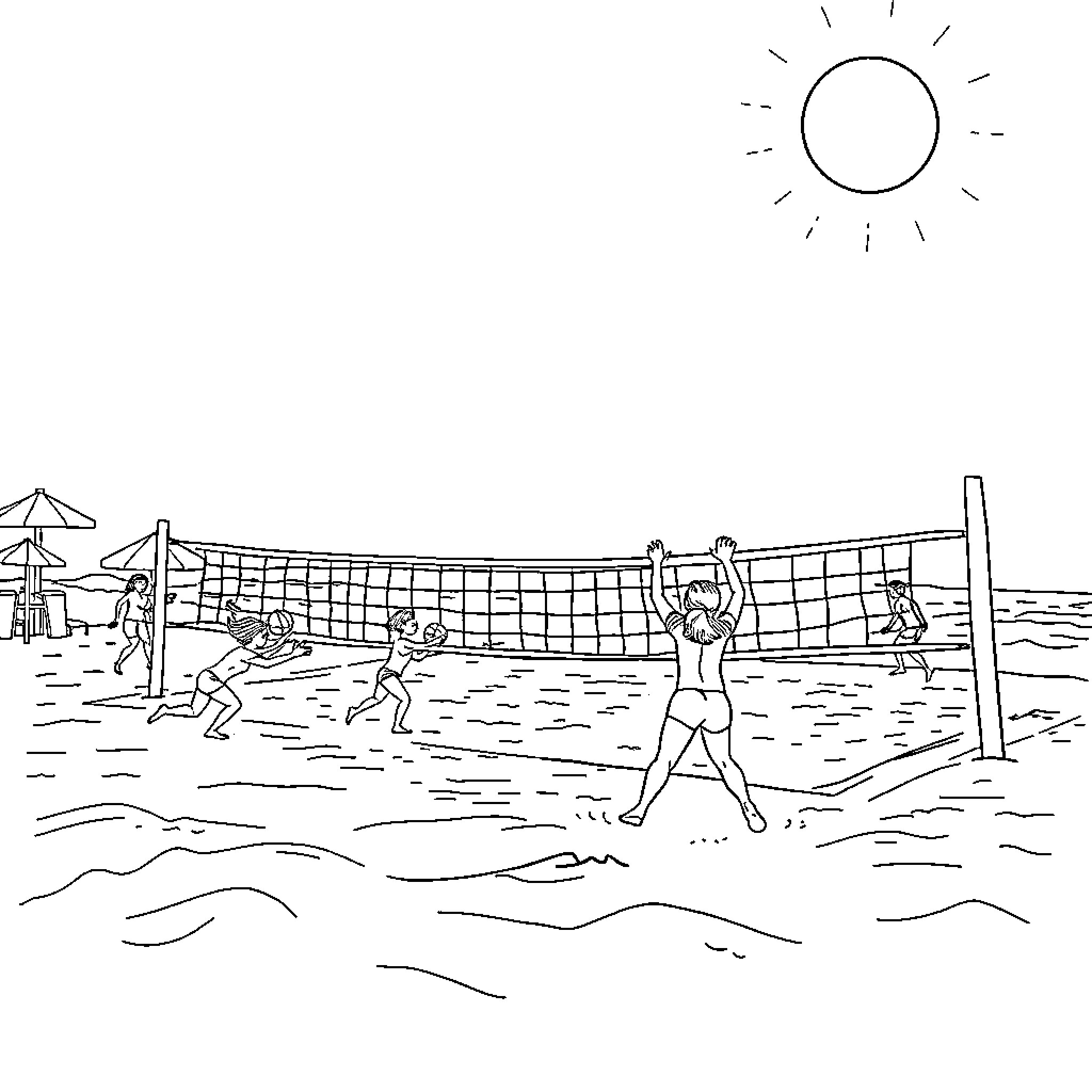 Beach Volleyball Players Enjoying the Game Coloring Page (free black-and-white line drawing printable PDF for all, from beginners to advanced learners, including children, teens, adults, and seniors)