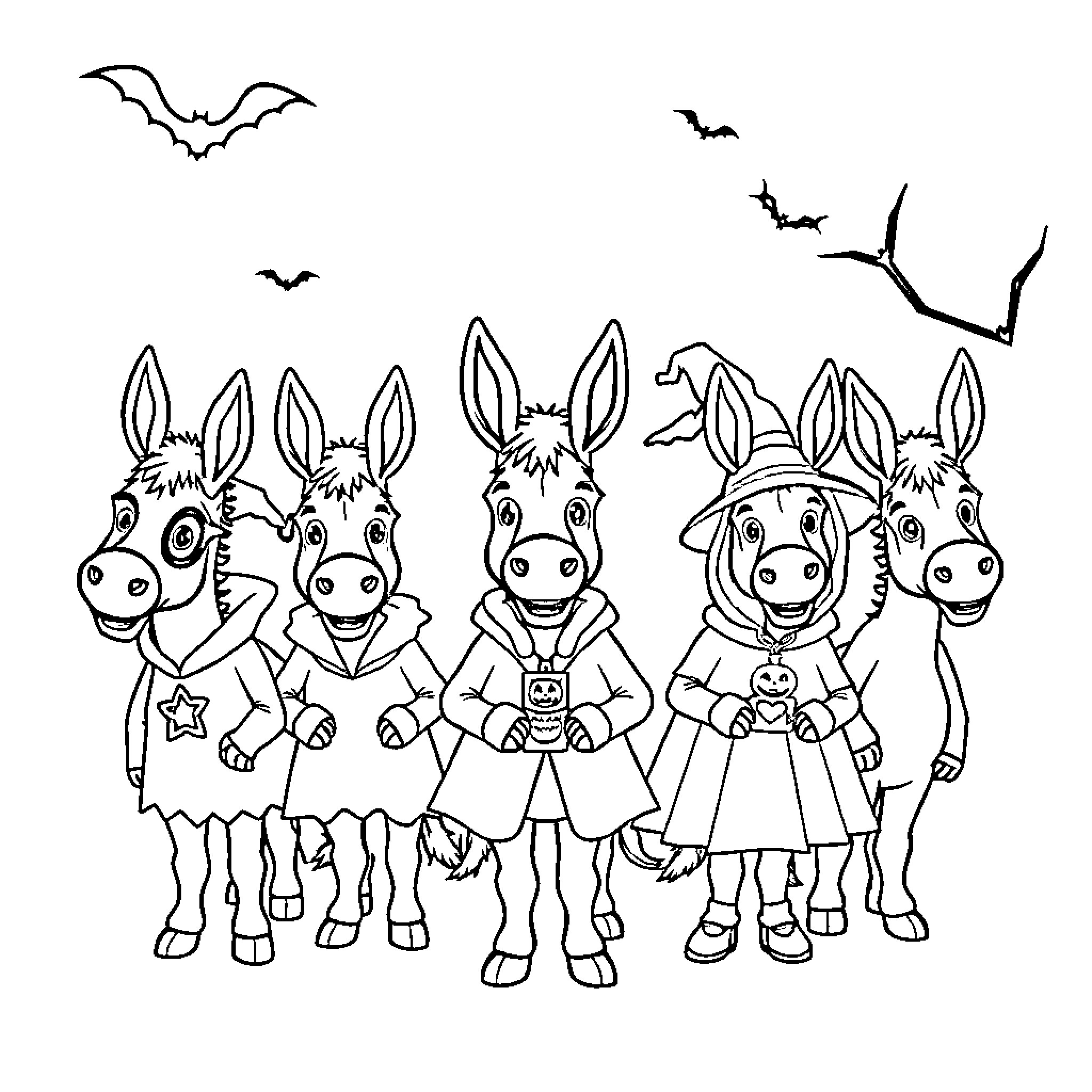 Donkeys in Halloween costumes gather under bats Coloring Page (free black-and-white line drawing printable PDF for all, from beginners to advanced learners, including children, teens, adults, and seniors)