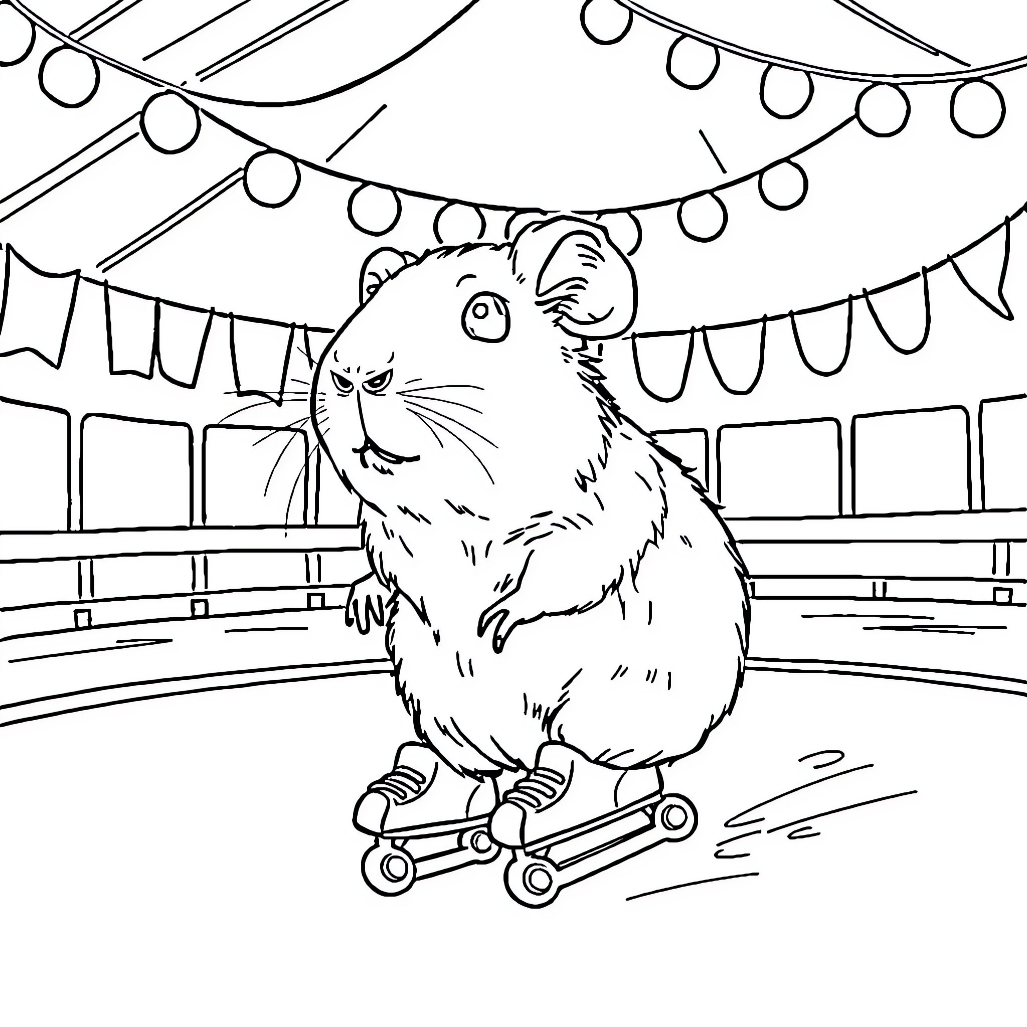Guinea Pig skating on roller skates at a festival Coloring Page (free black-and-white line drawing printable PDF for all, from beginners to advanced learners, including children, teens, adults, and seniors)