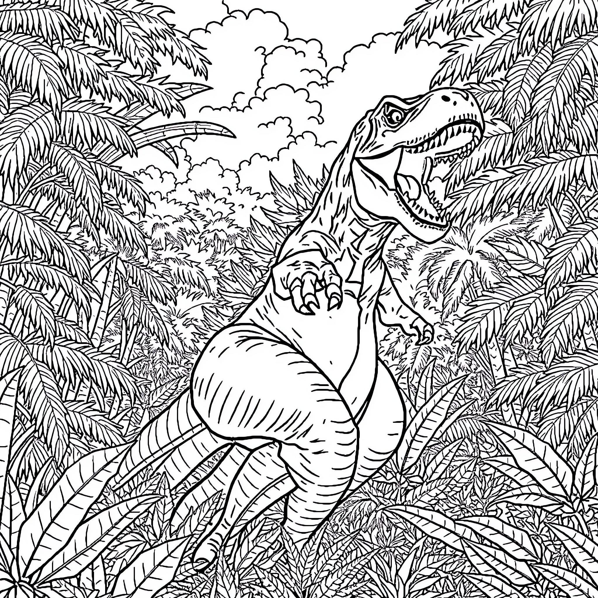 T-Rex Roaring in Lush Jungle Landscape Coloring Page (free black-and-white line drawing printable PDF for all, from beginners to advanced learners, including children, teens, adults, and seniors)