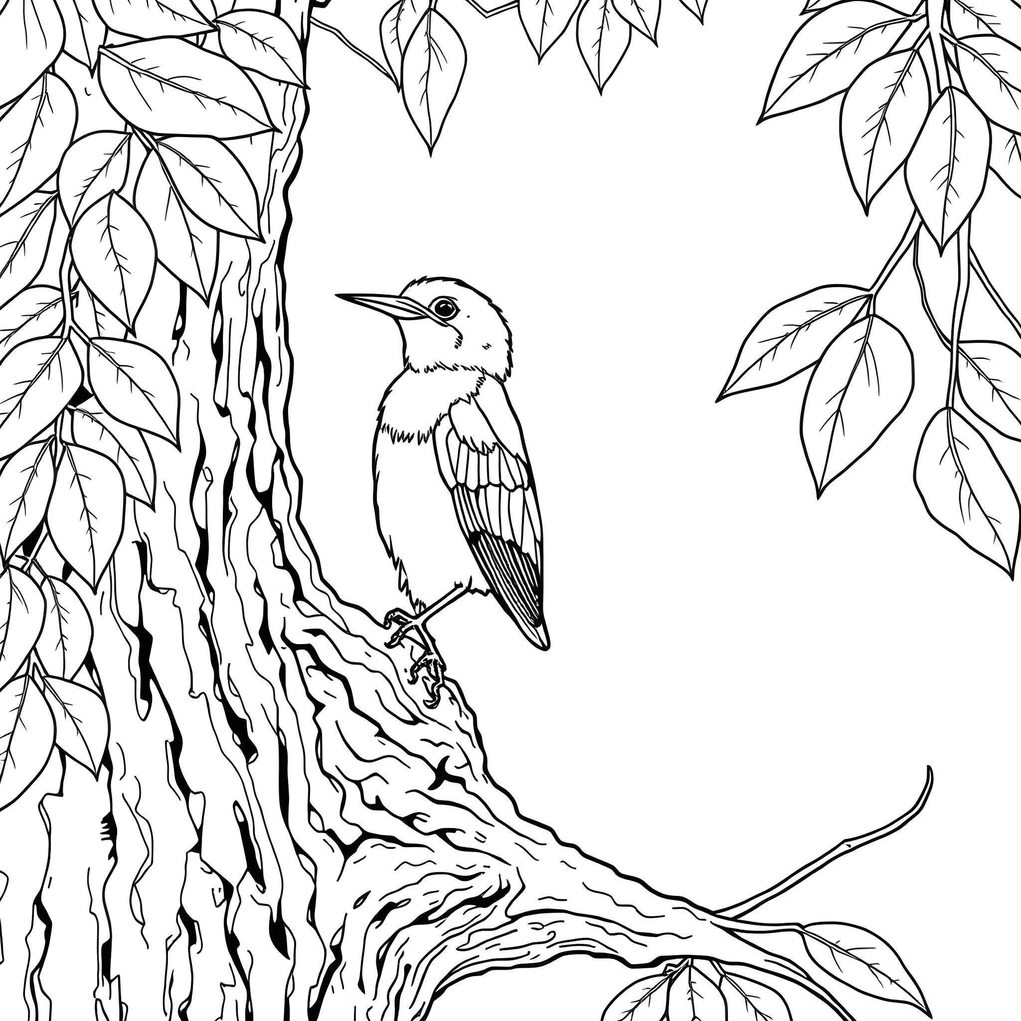 Chlorochrysa Phoenicotis perched on a tree trunk Coloring Page (free black-and-white line drawing printable PDF for all, from beginners to advanced learners, including children, teens, adults, and seniors)
