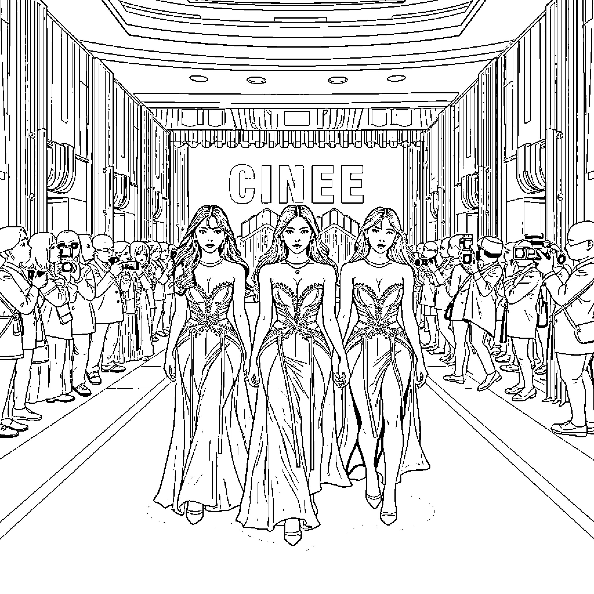 Guerrera Cinee: Glamorous Heroines on the Red Carpet Coloring Page (free black-and-white line drawing printable PDF for all, from beginners to advanced learners, including children, teens, adults, and seniors)