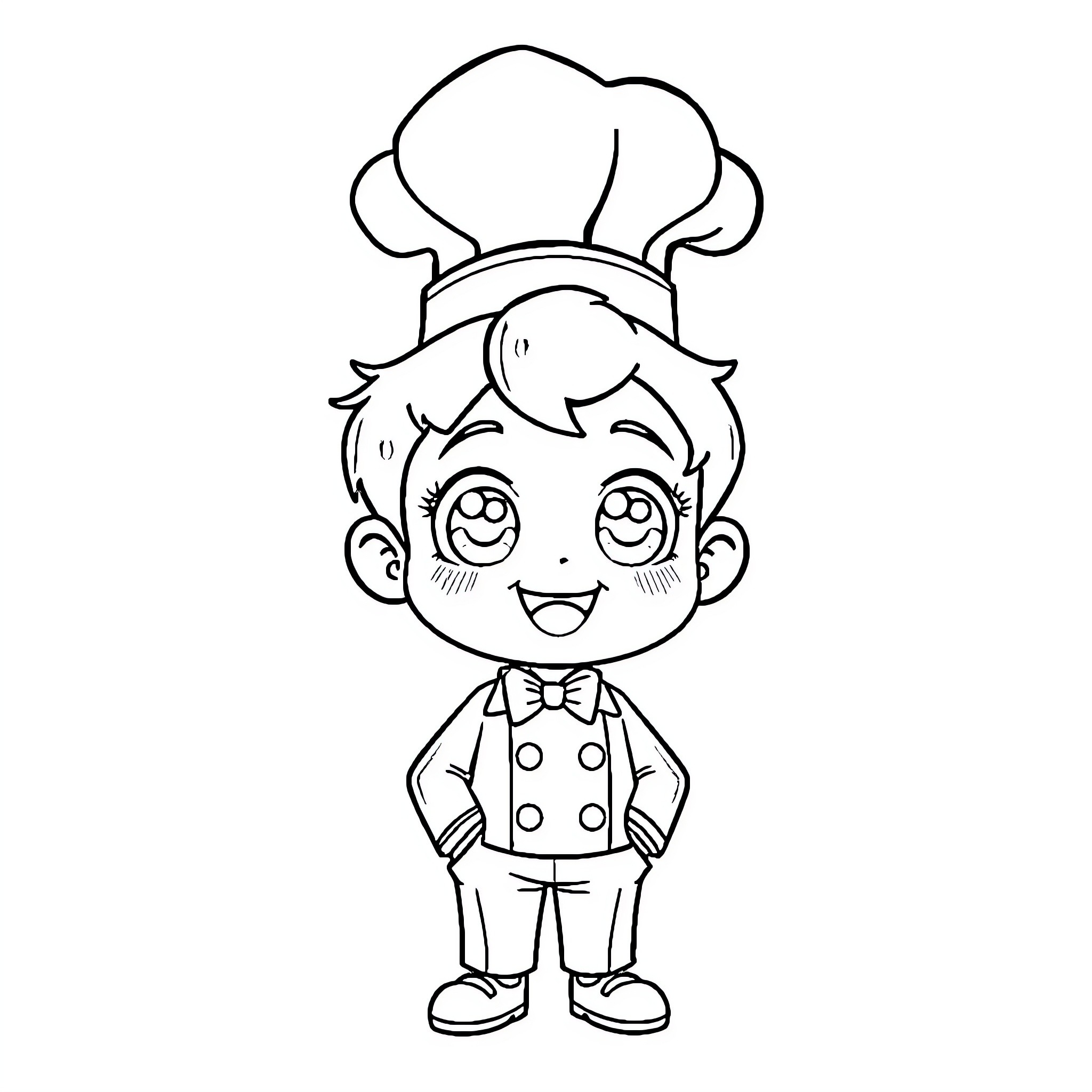 Boy chef smiling in uniform Coloring Page (free black-and-white line drawing printable PDF for all, from beginners to advanced learners, including children, teens, adults, and seniors)